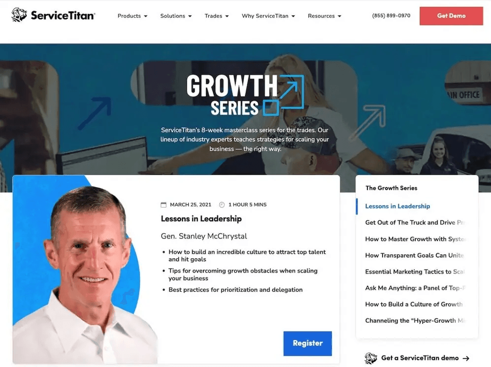 ServiceTitan webpage promoting the Growth Series masterclass featuring Gen. Stanley McChrystal on leadership lessons.