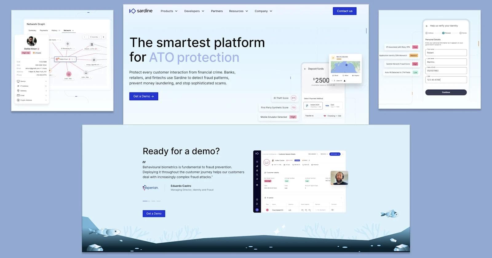 sardine Website layout for Sardine, highlighting ATO protection features, network graph, and customer verification tools.