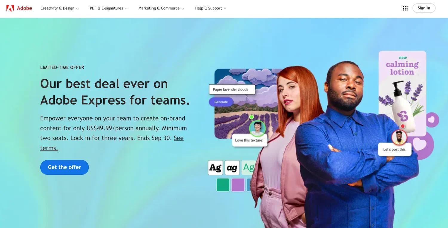 adobe Adobe Express promotional image featuring diverse team members and product mockups with a special offer announcement.