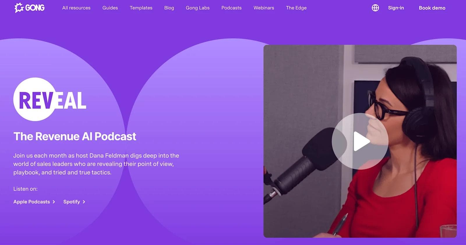 gong podcast Podcast promotional image featuring host Dana Feldman discussing sales strategies in a studio setting.