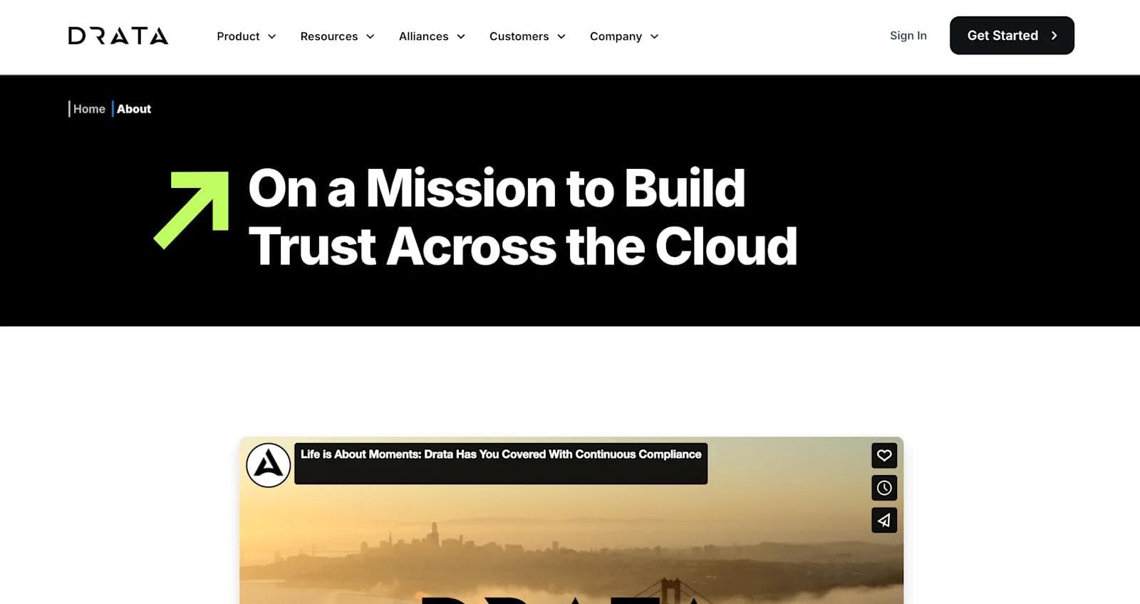 drata about Homepage of Drata, featuring a bold mission statement about building trust in cloud compliance.