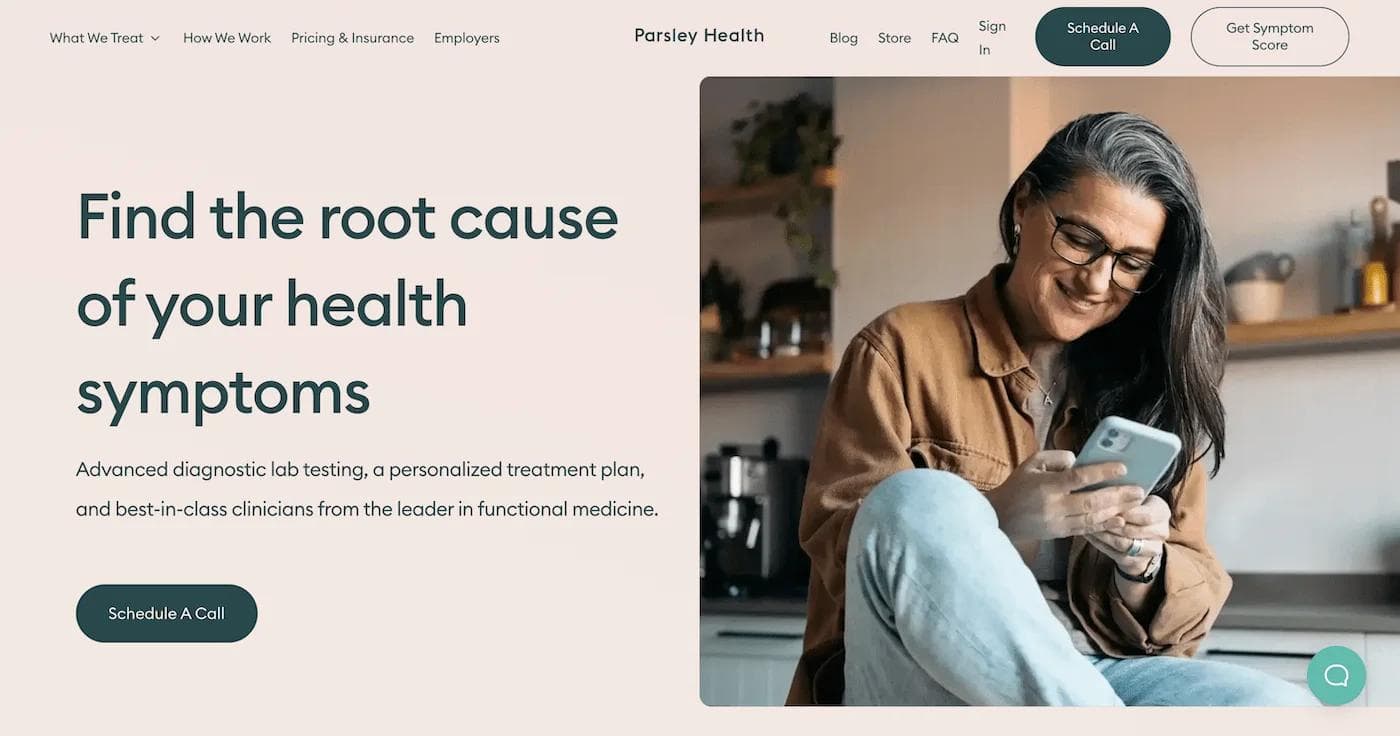 parsley health hp A woman smiles while using her phone, promoting Parsley Health's personalized health services and diagnostic testing.