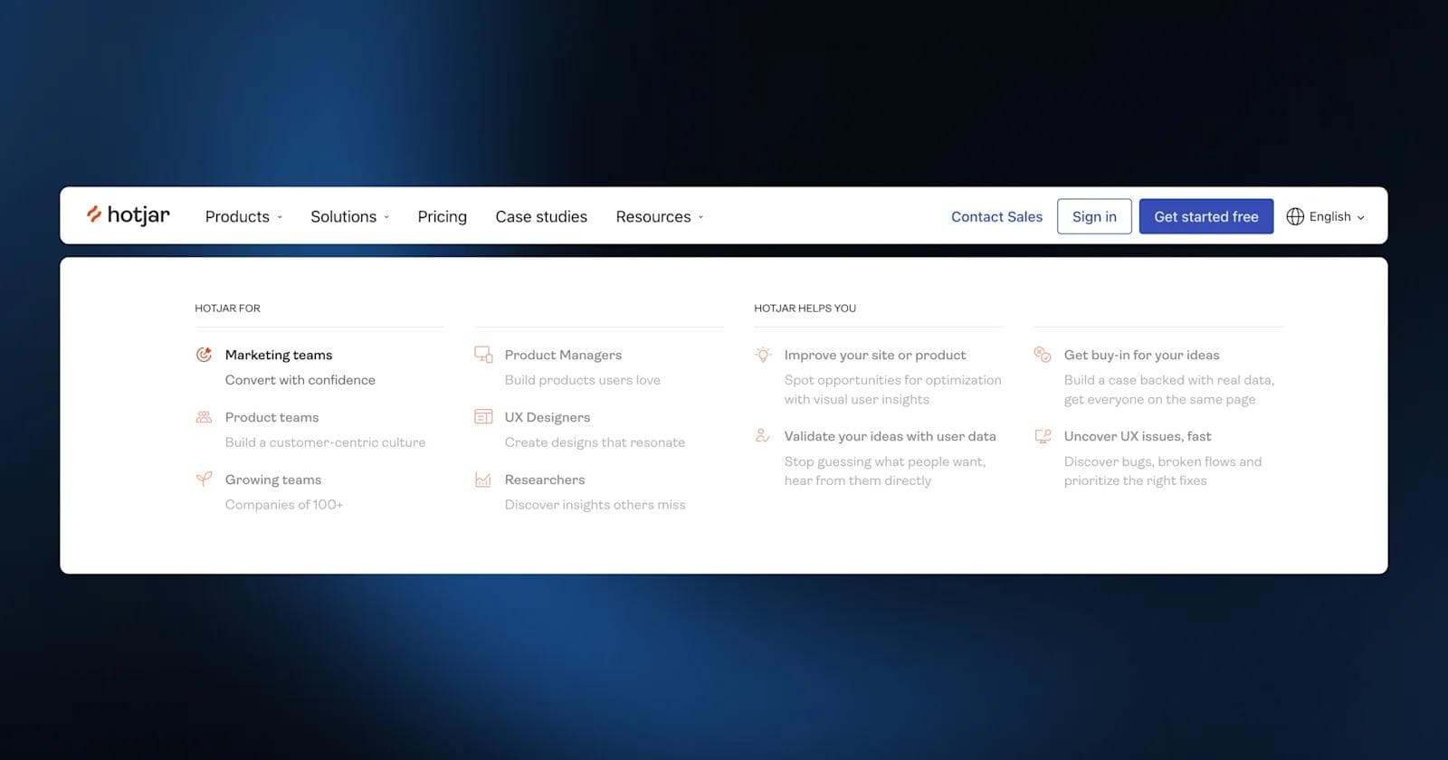 Hotjar nav menu Hotjar website interface showcasing features for marketing, product, UX teams, and insights for optimization.