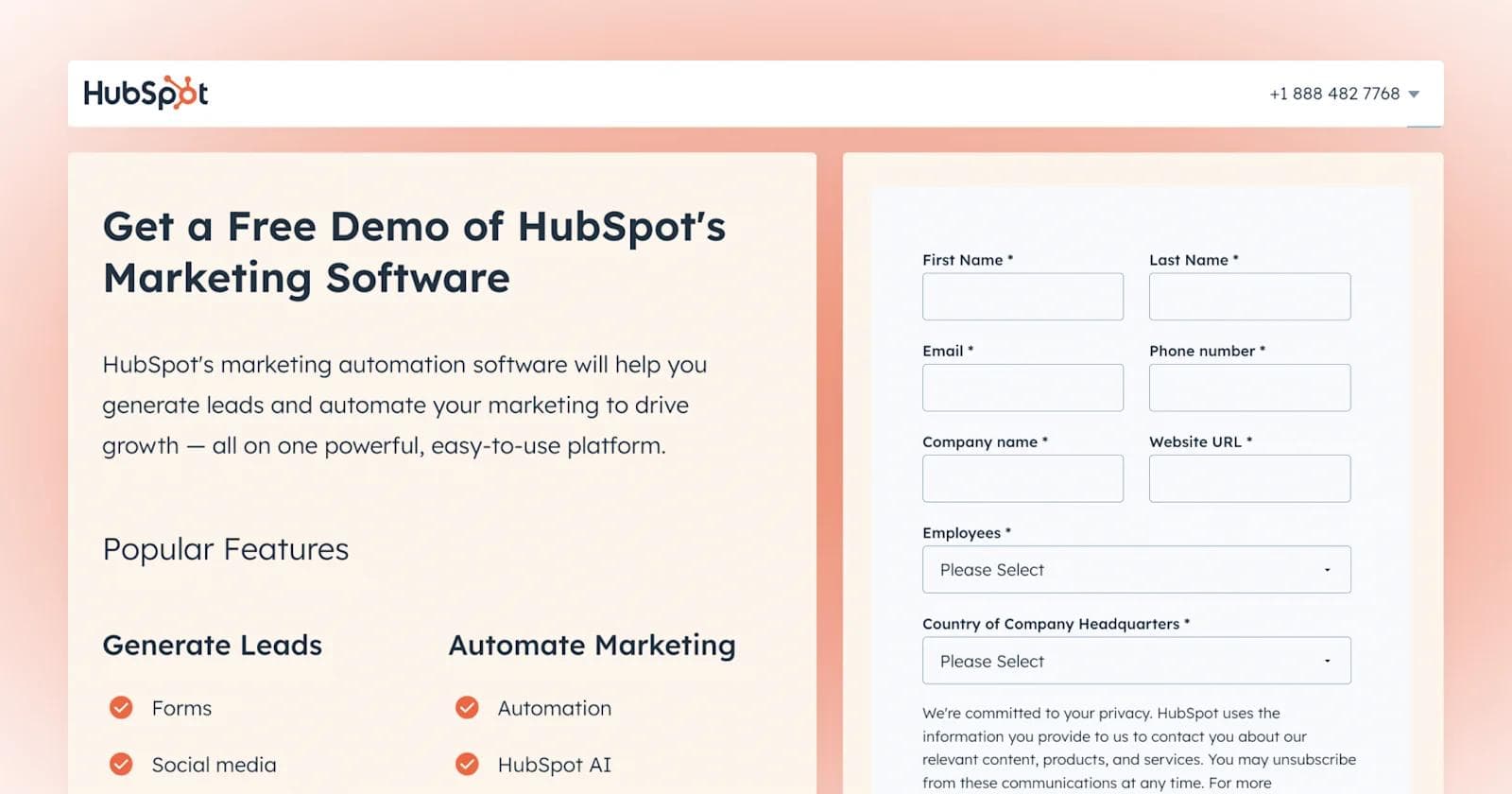 HubSpot - Demo page HubSpot marketing software demo sign-up page featuring a form to capture user information.
