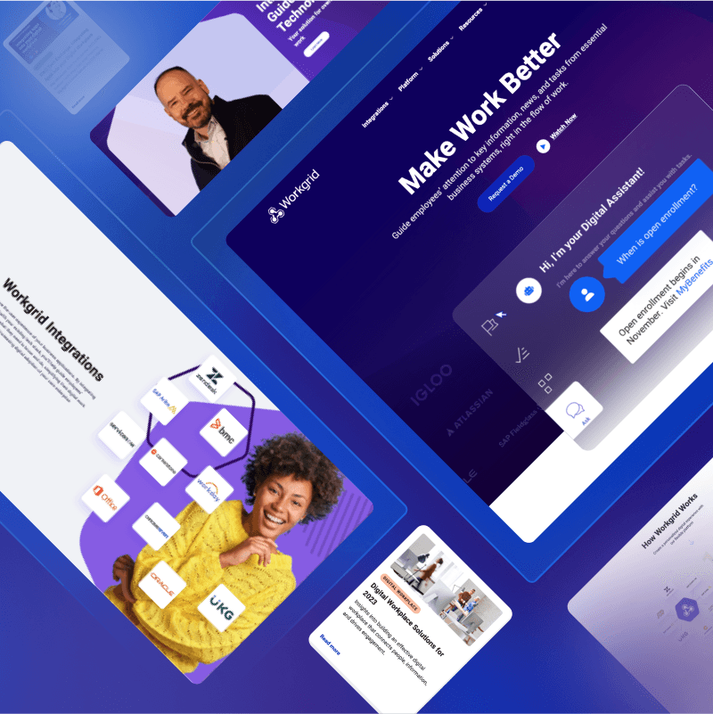 Collage of web pages featuring Workgrid's integration options and a digital assistant chatbot, with diverse user images.