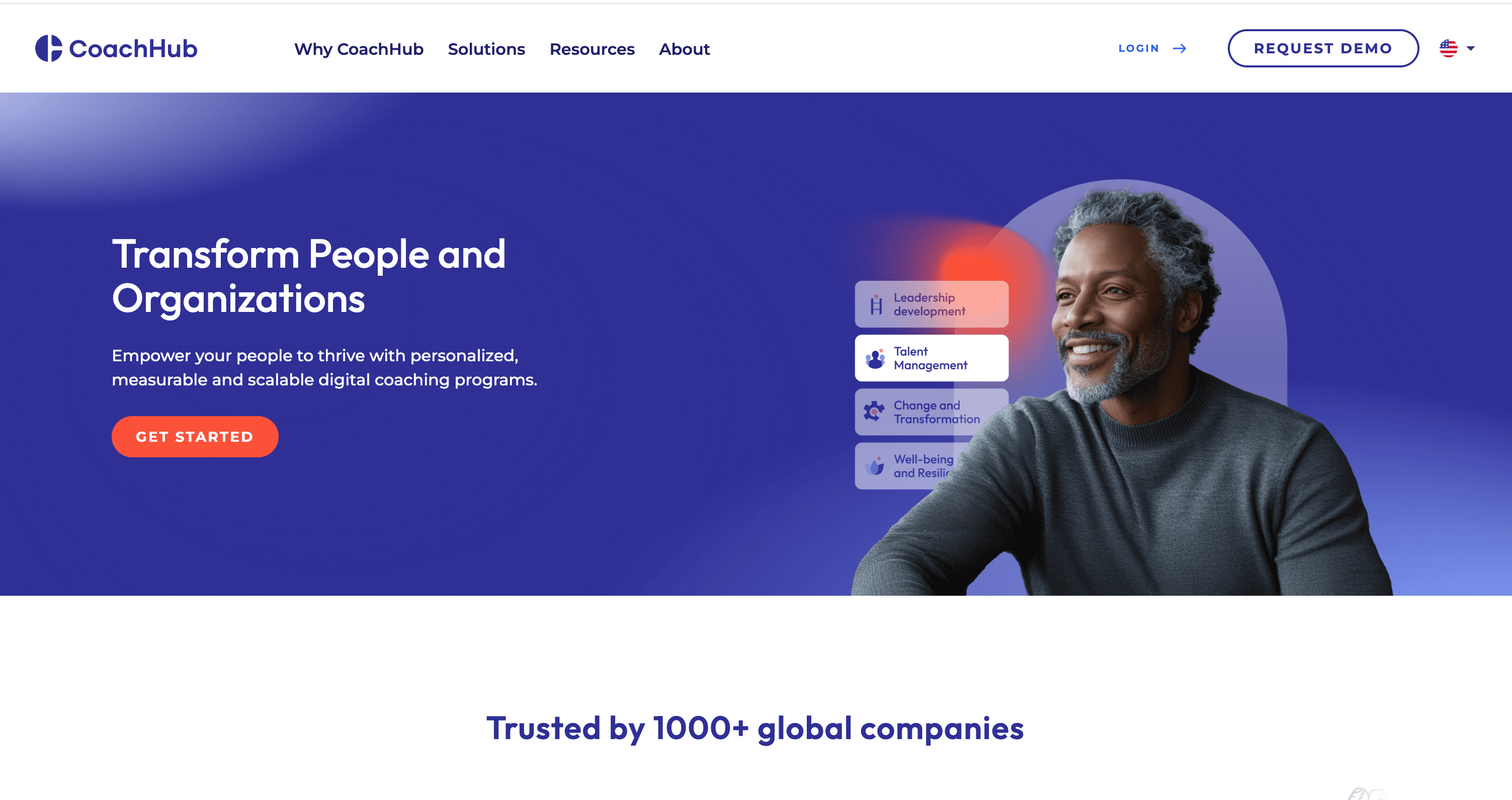 Homepage of CoachHub, showcasing digital coaching solutions for organizations and individuals, featuring a smiling man.