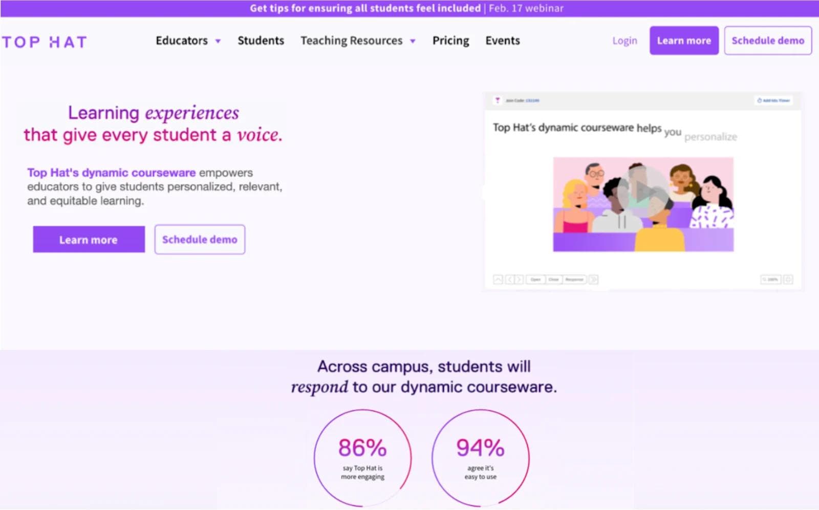 Tophat optimized homepage Top Hat webpage promoting dynamic courseware for personalized, engaging student learning experiences.