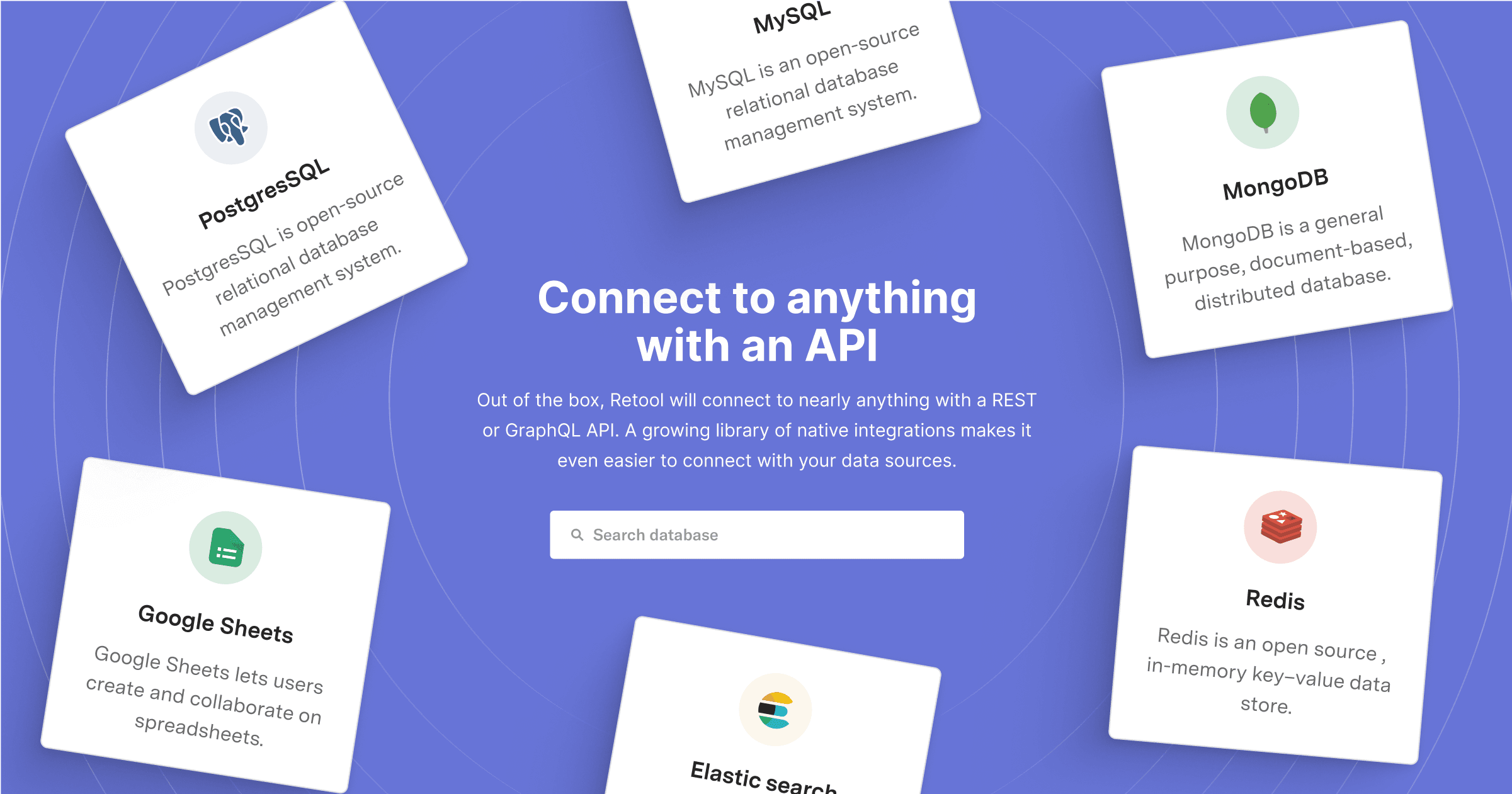A graphic showcasing various databases and APIs, with text summarizing their features and a search bar at the bottom.