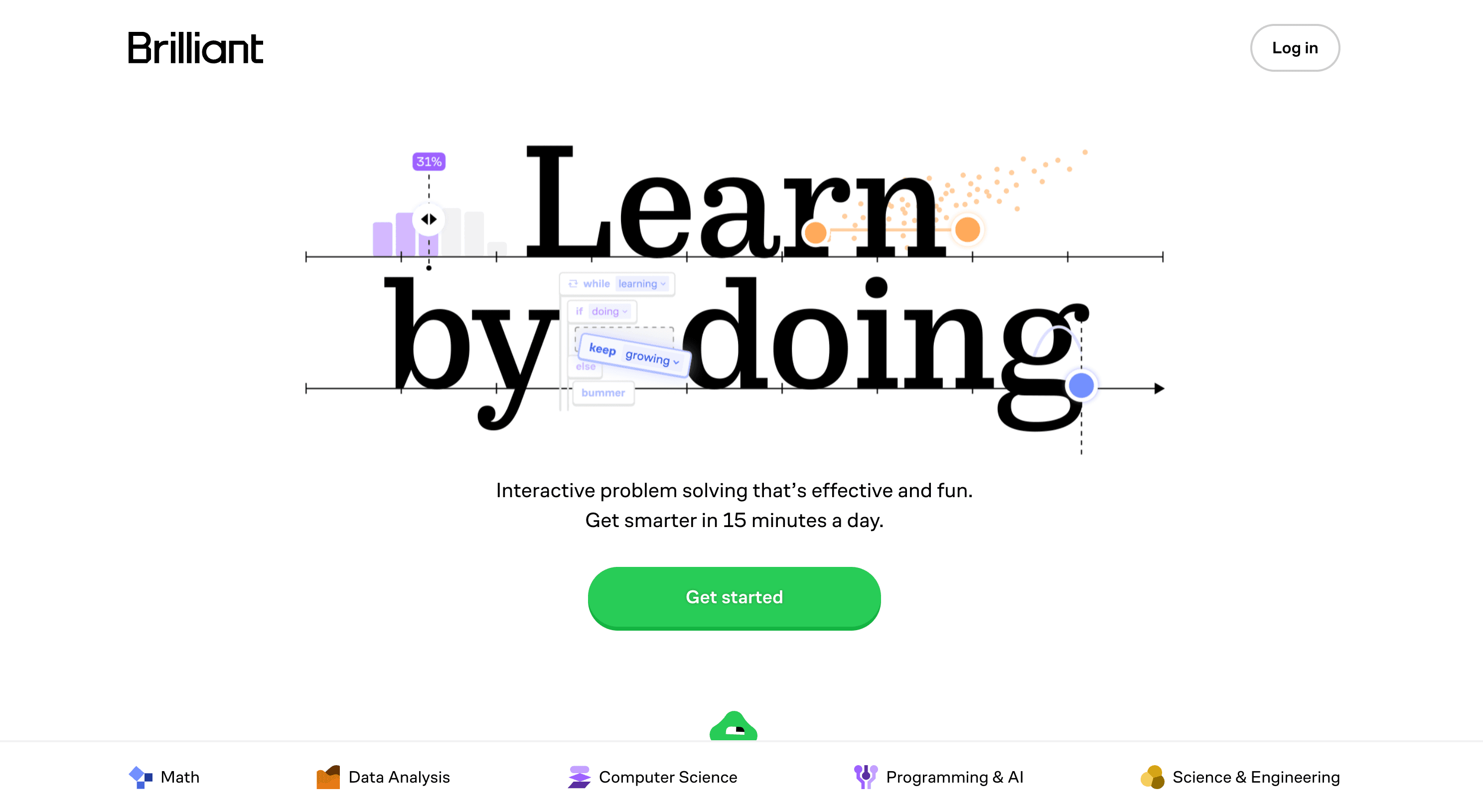 Brilliant website showcasing interactive learning, focusing on math, science, and programming concepts.