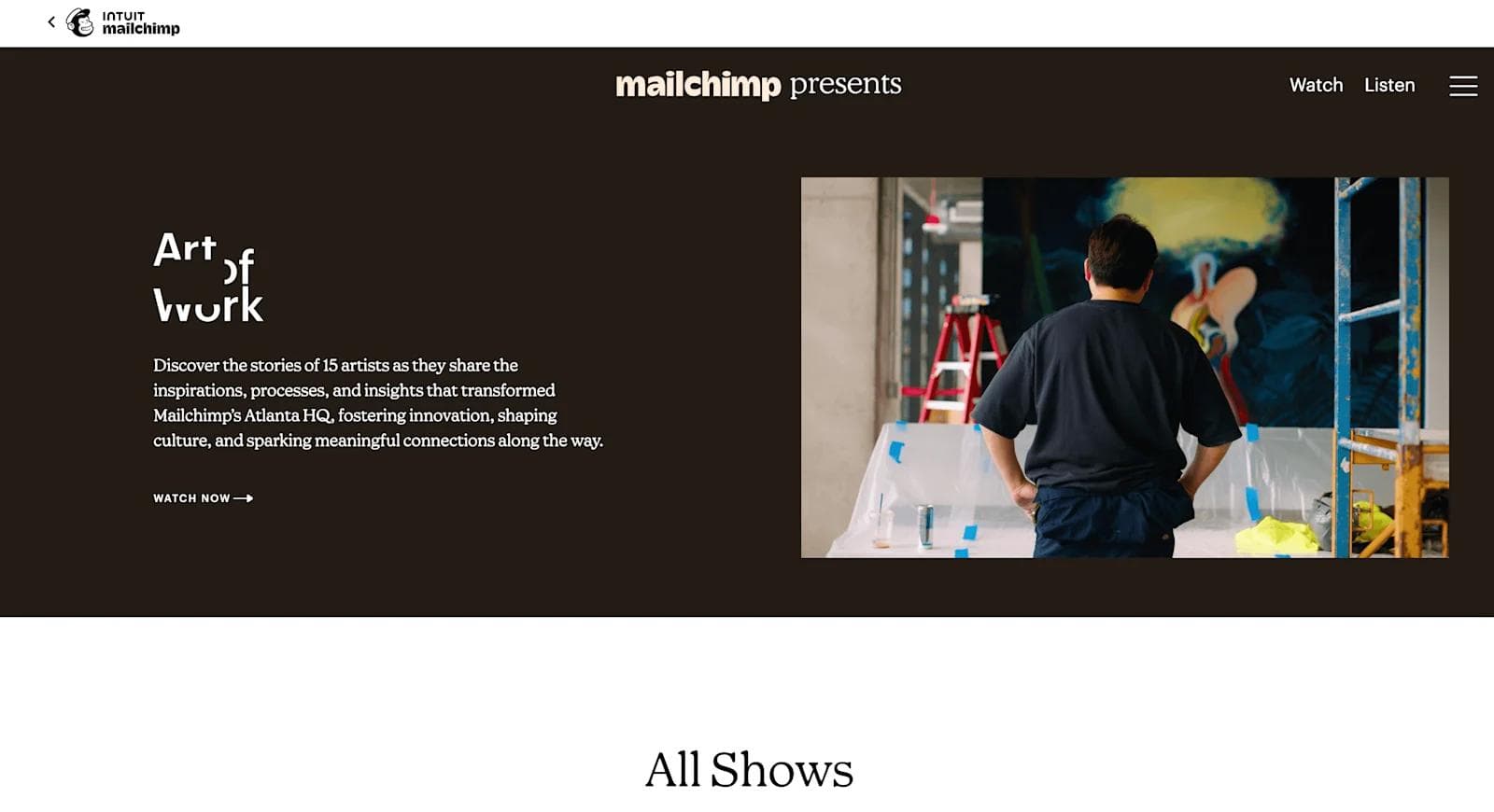 mailchimp podcast A person painting a mural in an urban space, surrounded by construction materials and ladders.