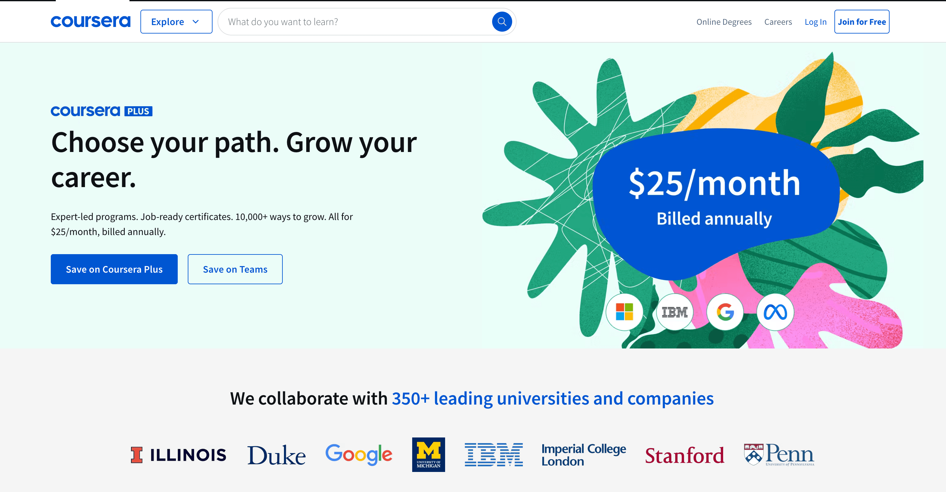 Coursera homepage promoting online learning, featuring a subscription plan and logos of partner universities and companies.