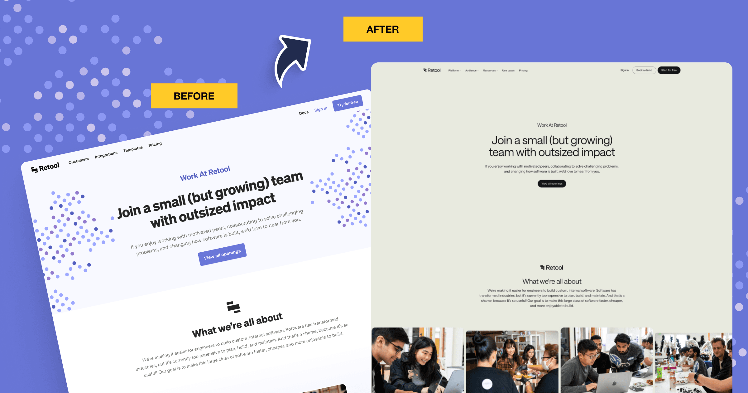 Comparison of Retool’s website redesign, showcasing "Before" and "After" styles and layouts.