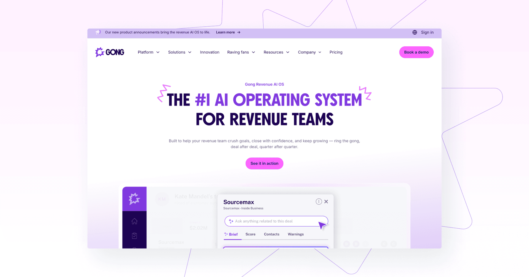 Marketing webpage for Gong, featuring their AI operating system for revenue teams with interactive demo options.