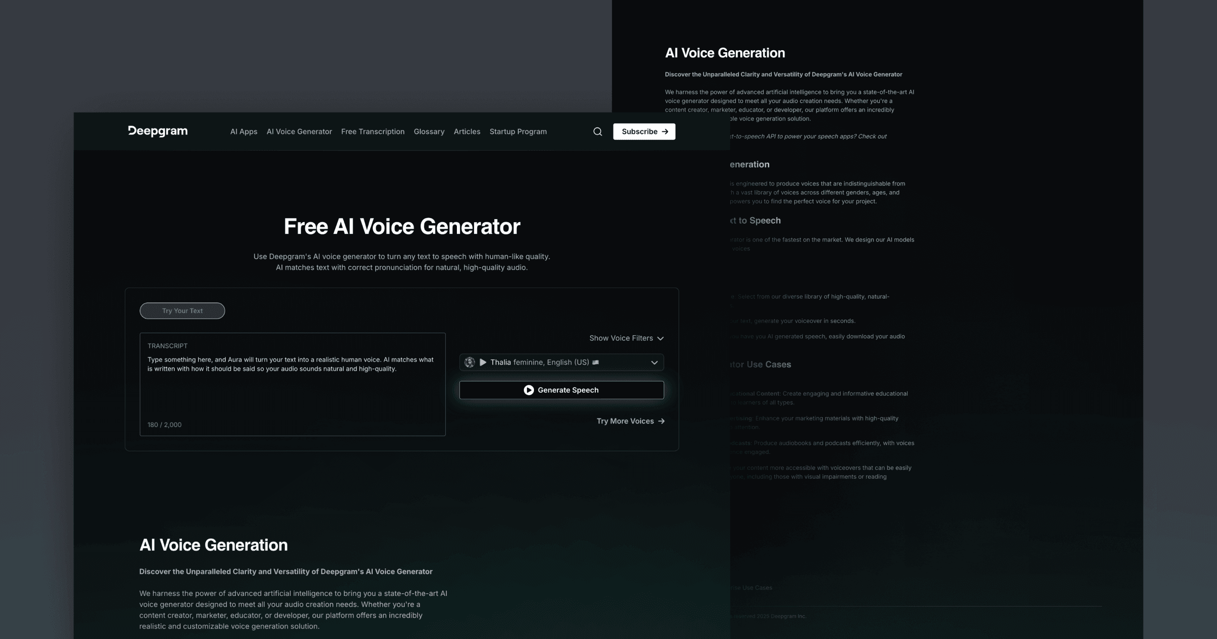Screenshot of Deepgram's AI Voice Generator webpage featuring text input, voice options, and features for creating audio.