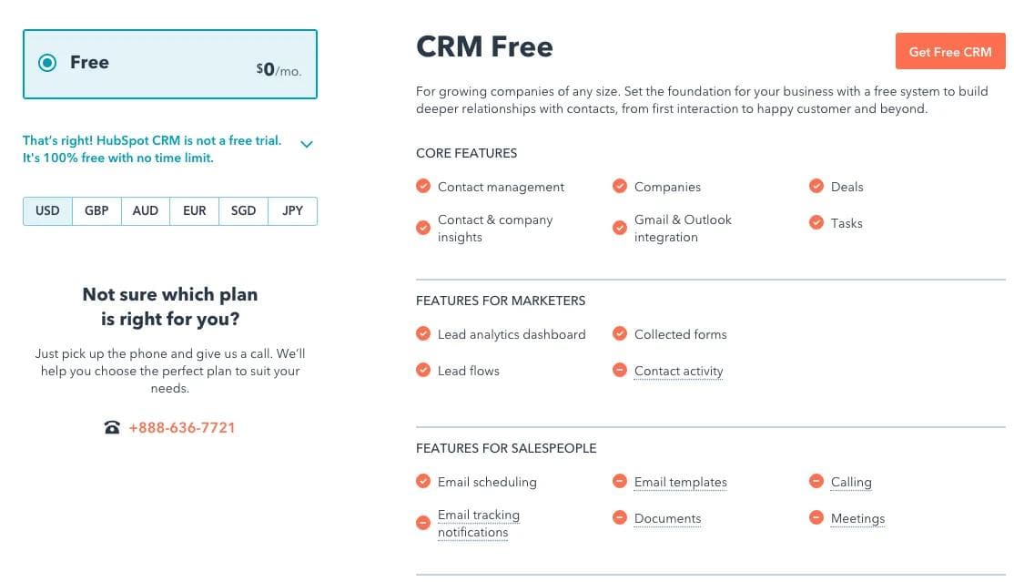 hubspot-crm-offerings An image showing the Hubspot CRM capabilities of a free account.