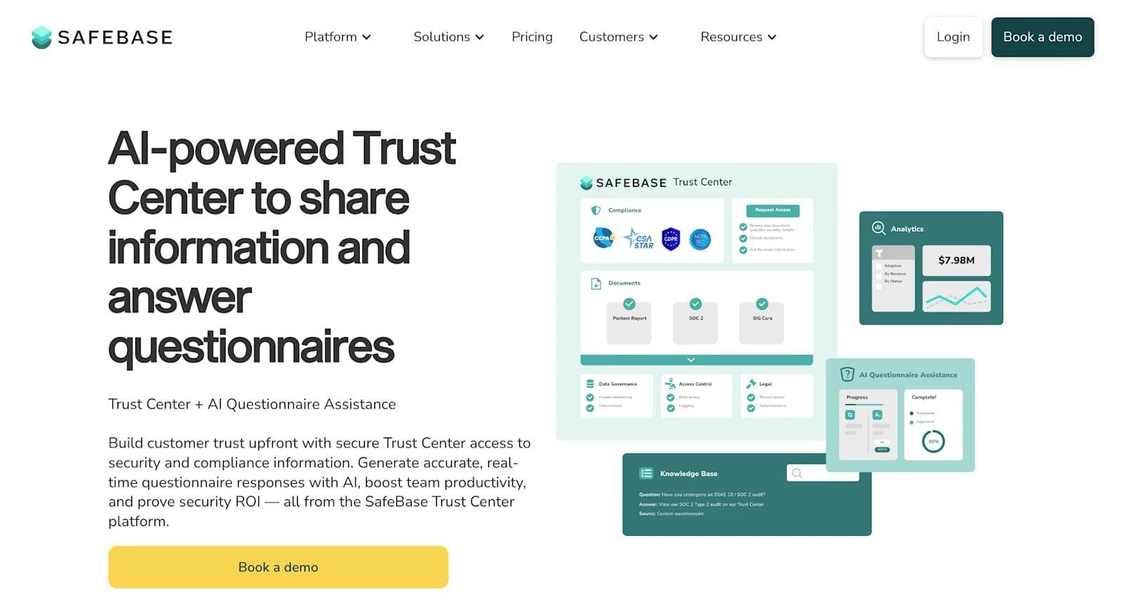 safebase homepage AI-powered Trust Center interface showcasing information sharing and automated questionnaire assistance.