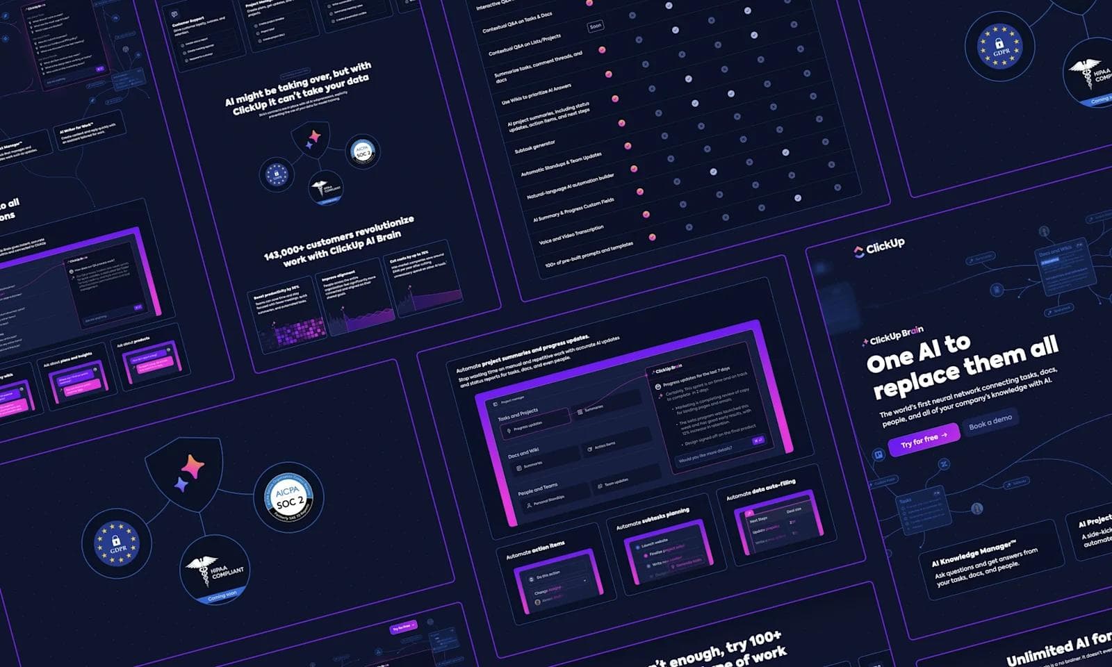 ClickUp product page ClickUp AI Brain interface showcasing features, benefits, and compliance symbols on a dark, vibrant background.
