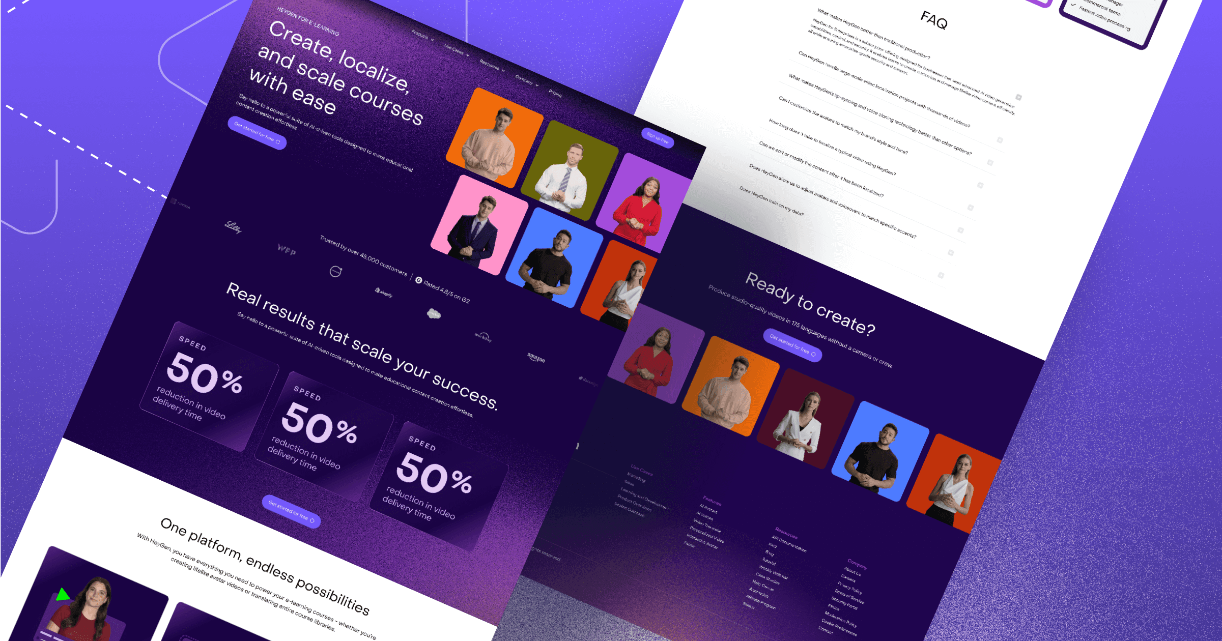 A digital marketing webpage featuring course creation tools, testimonials, and FAQs on a vibrant purple background.