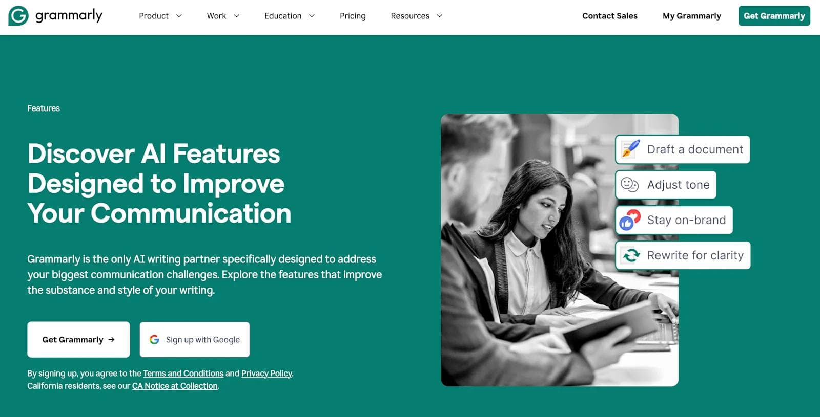 grammarly features Grammarly website showcasing AI features for writing improvement with a focus on communication challenges.