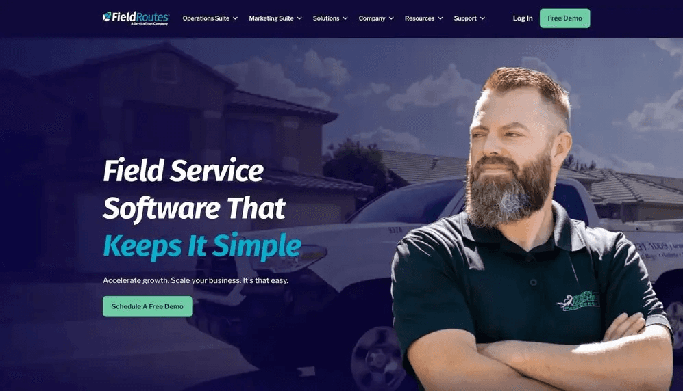 FieldRoutes website featuring a man in a polo shirt, promoting simple field service software.