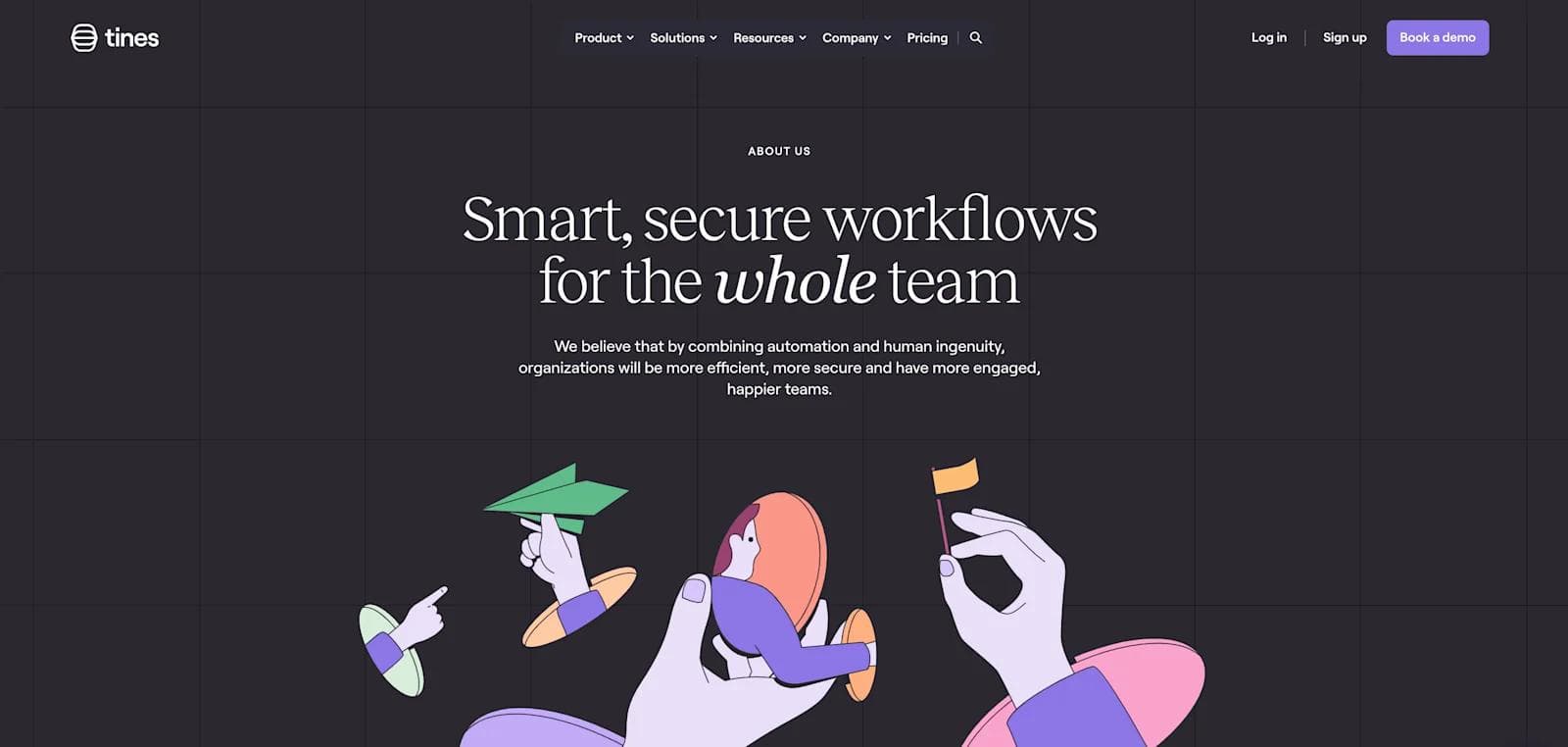 tines about "Homepage of Tines showcasing smart, secure workflows with colorful illustrations and engaging text."