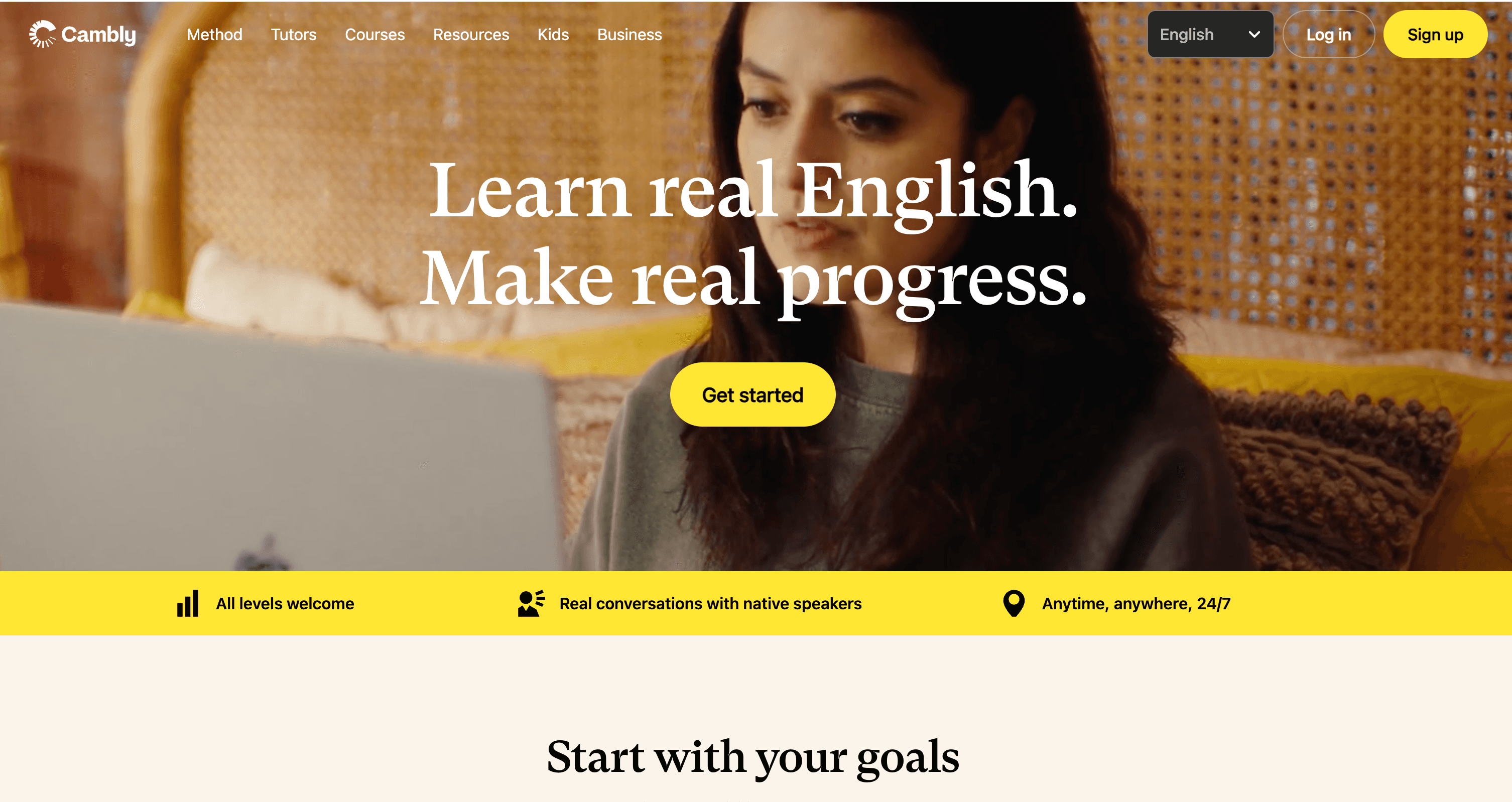 Homepage of Cambly, promoting English learning with a focus on real conversations and progress.
