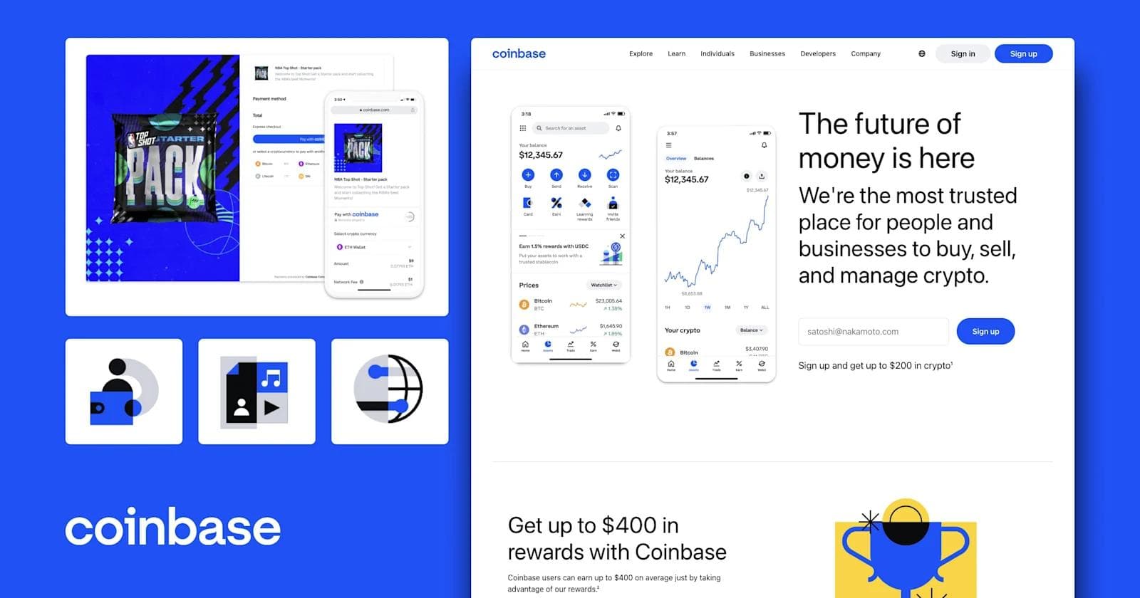 Coinbase (Home, Wallet, Commerce) Examples of Coinbase's UI from illustrations on their website.