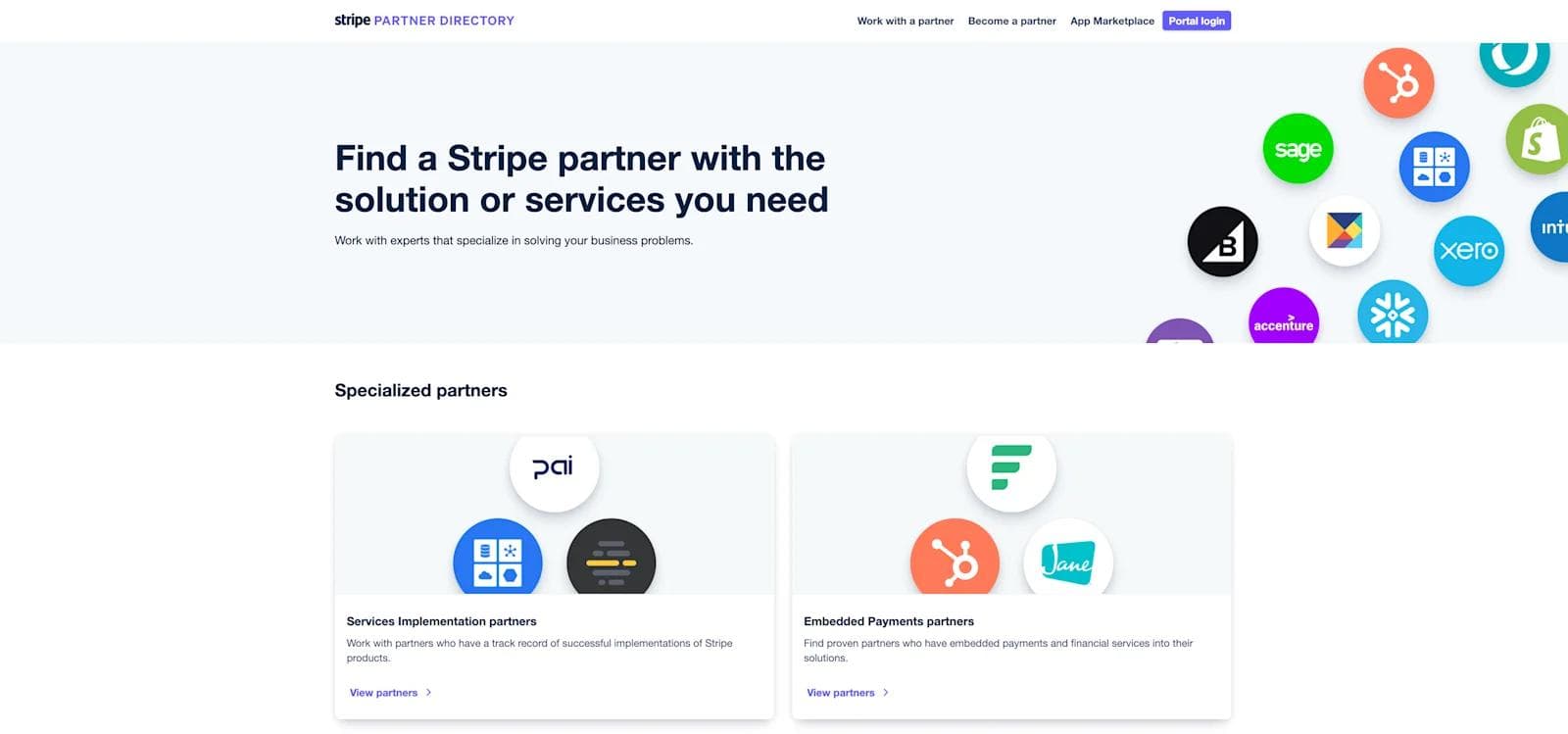 stripe partners Stripe Partner Directory webpage showcasing services and specialized partners, with various logo icons displayed.