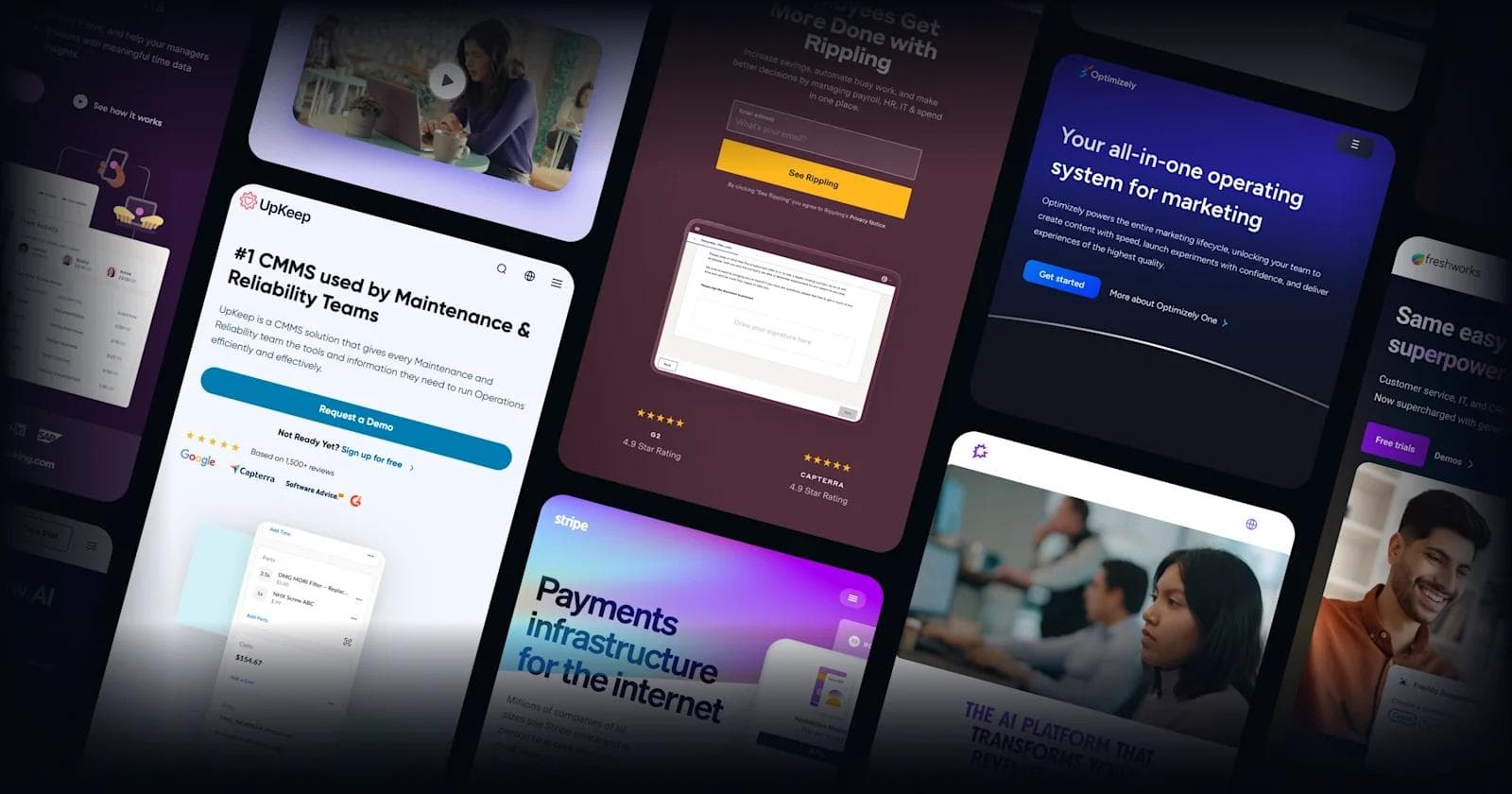 Mobile Navigation Menu Design Examples A collage of promotional websites for various software solutions and marketing tools, featuring vibrant colors and interfaces.