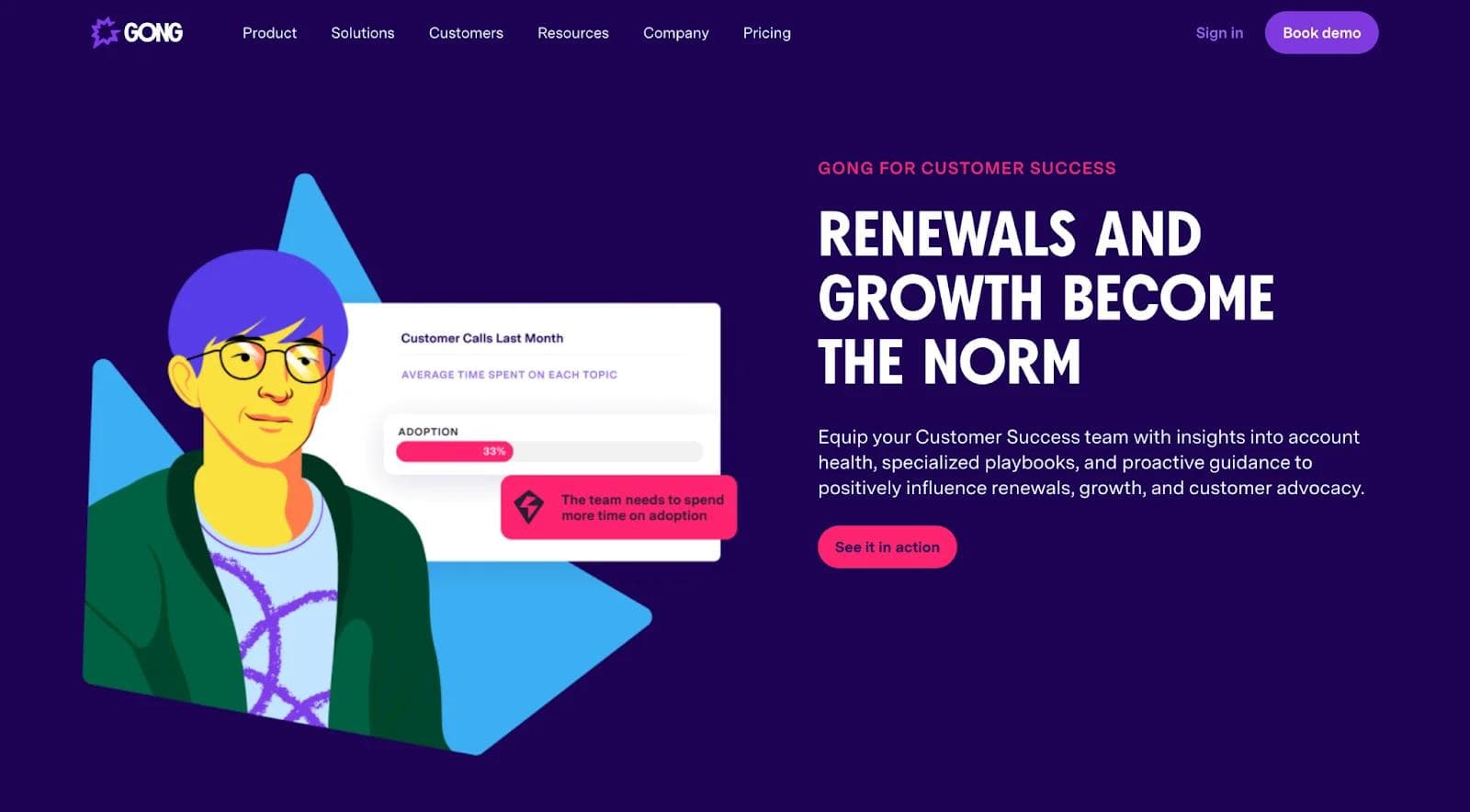 gong-io-customer-succes-solutions-page Illustration of a person with glasses beside customer insights and statistics on a vibrant purple background.