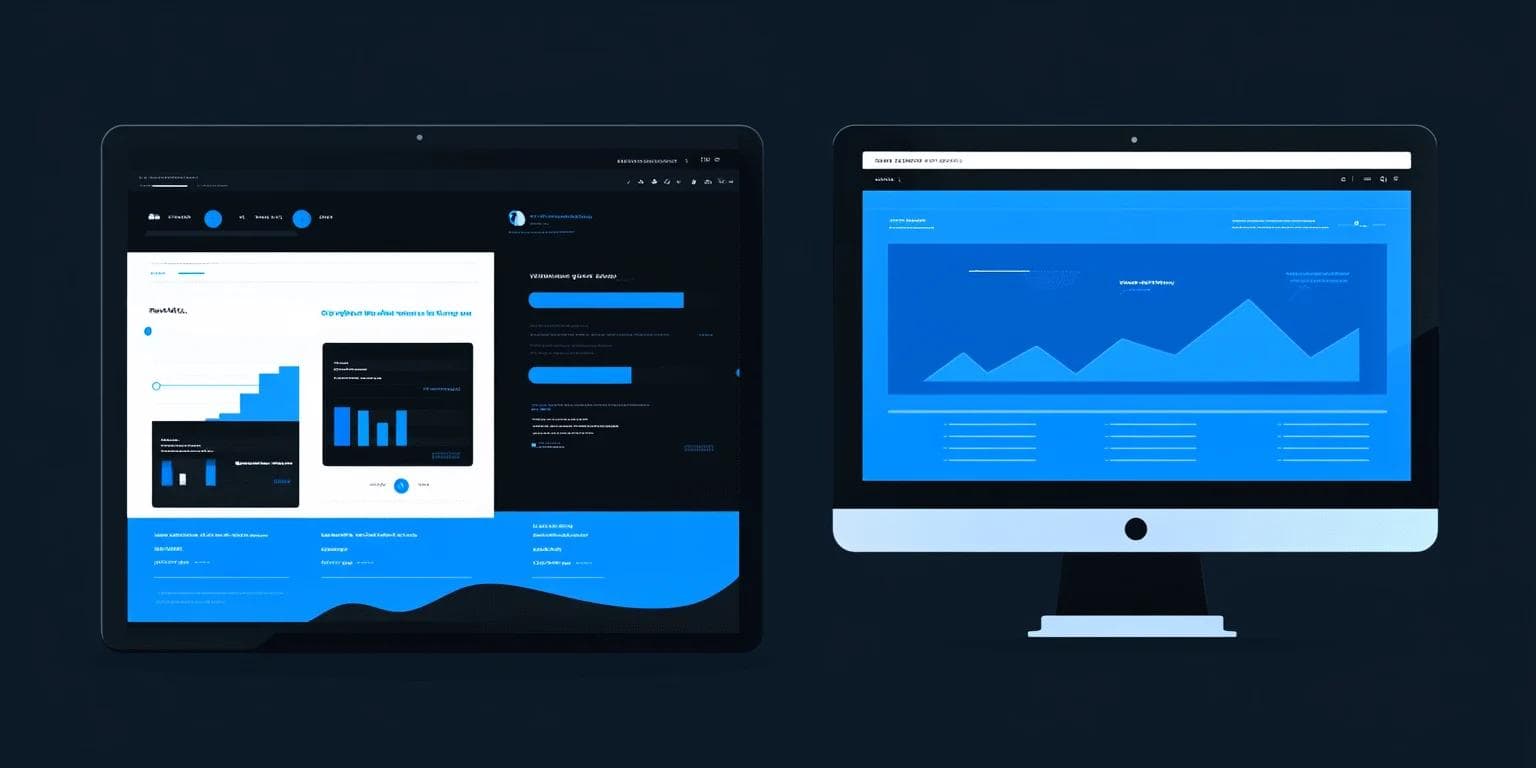 Two computer screens displaying modern, blue-themed analytics dashboard designs with graphs and data visuals.