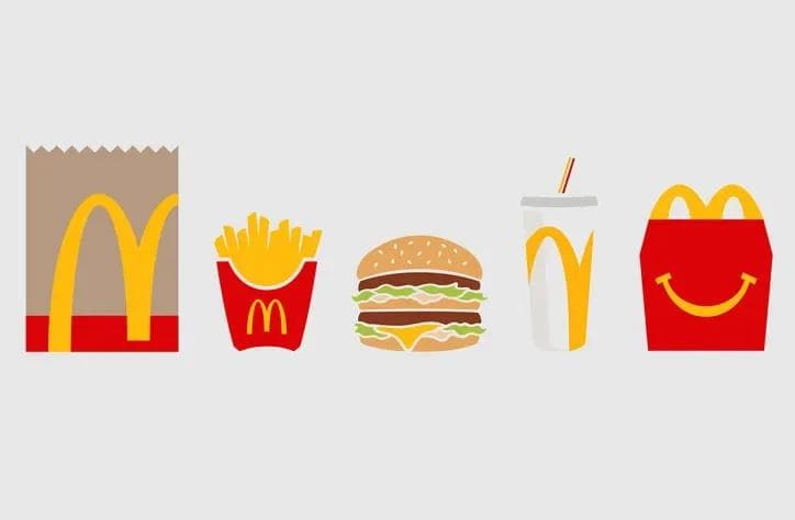 mcdonalds-illustration Graphic depiction of McDonald's iconic food items: fries, burger, drink, and Happy Meal box.