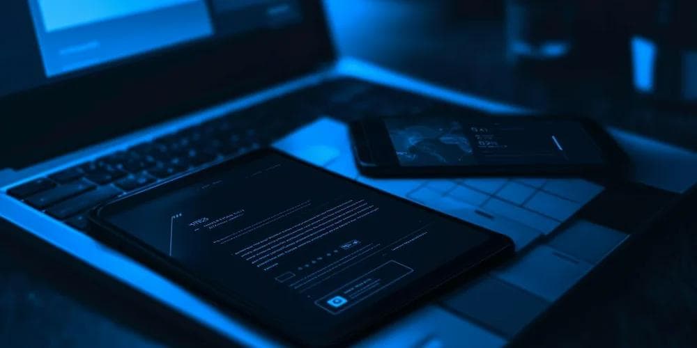 A laptop and smartphone displaying dark-themed interfaces, set against a blue-lit background.
