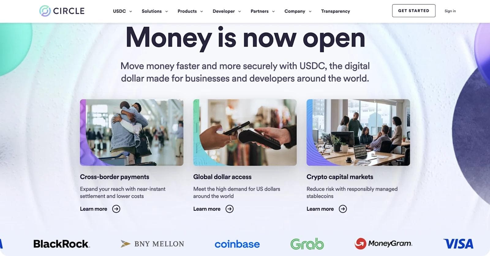 circle-homepage Homepage of Circle promoting USDC for secure cross-border payments, global dollar access, and crypto markets.