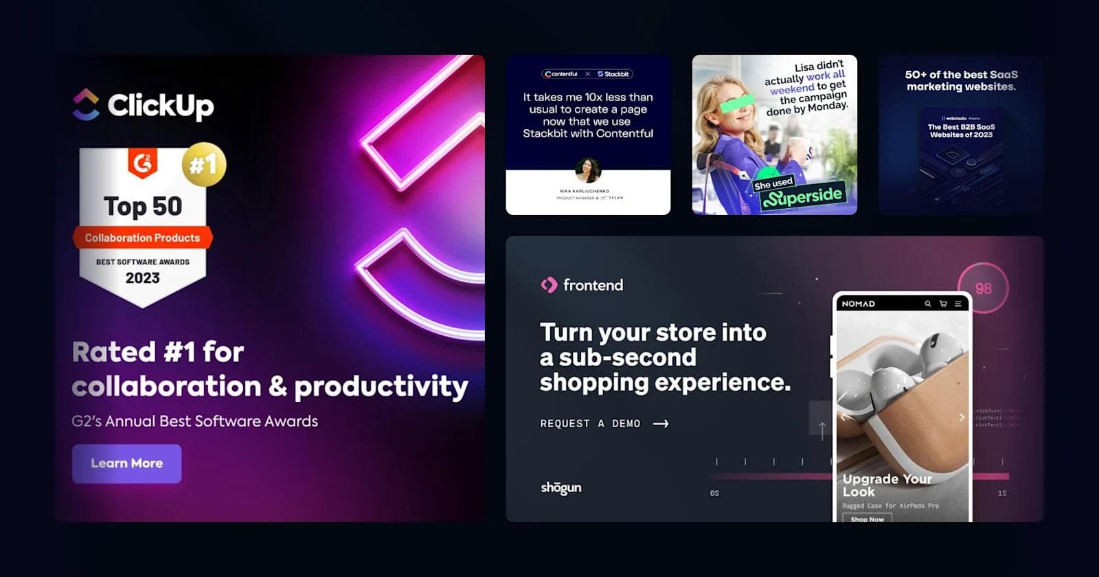 Promotional image featuring ClickUp's #1 ranking for collaboration, along with other software product highlights and ads.