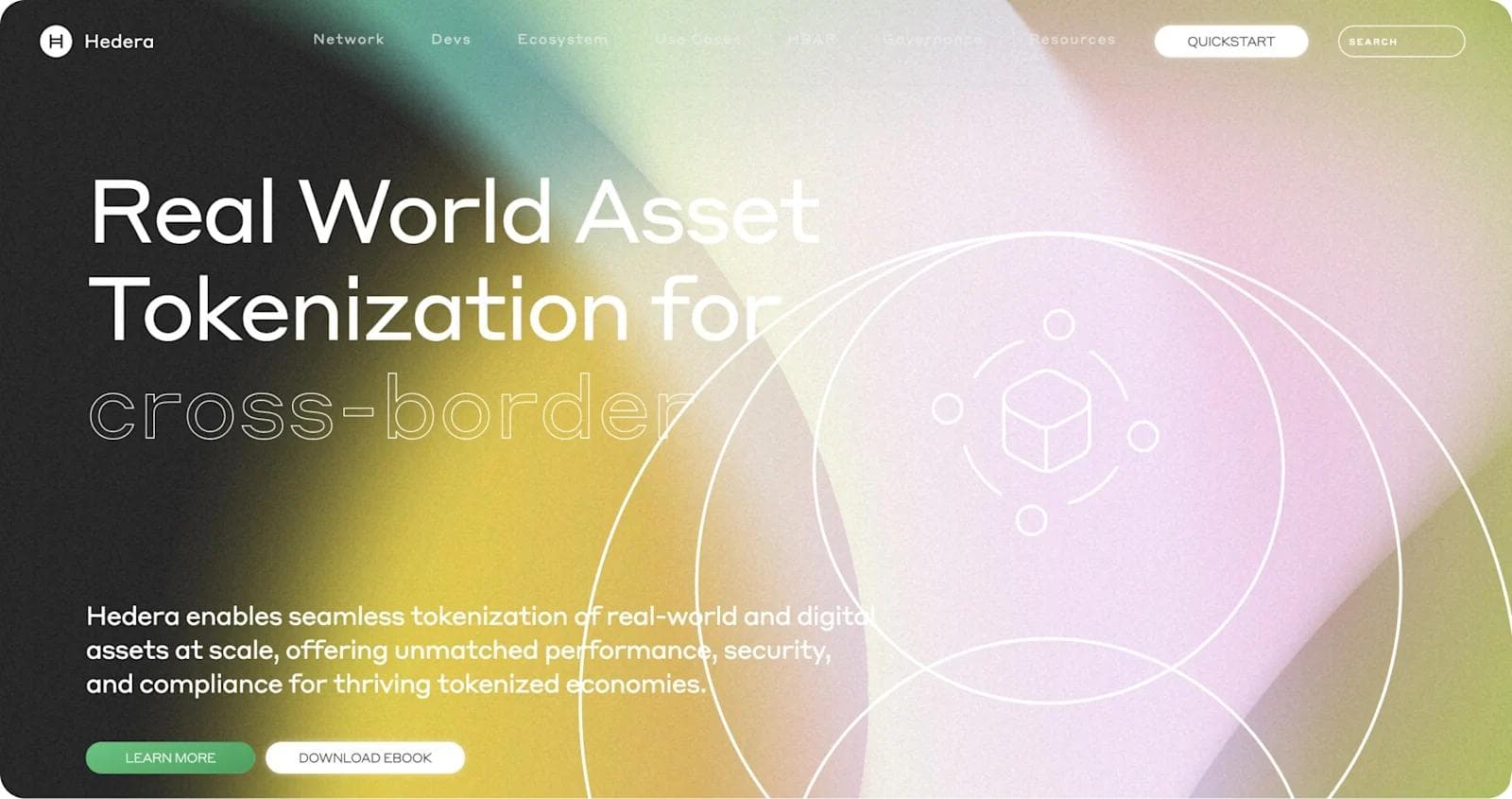 hedera-homepage Hedera webpage promoting real-world asset tokenization for cross-border economies with colorful abstract background.