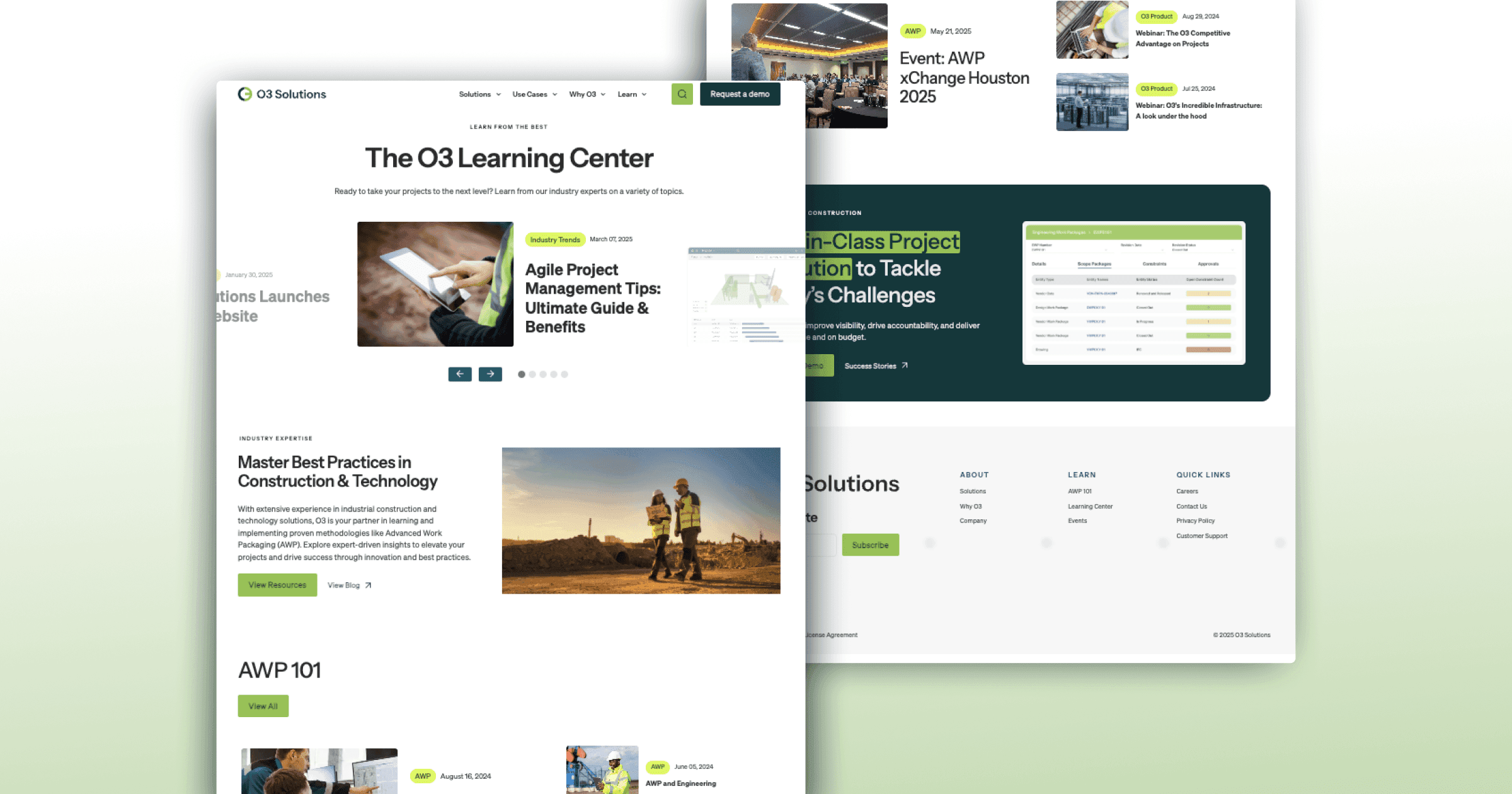 Website interface for O3 Solutions featuring resources on project management and construction best practices.