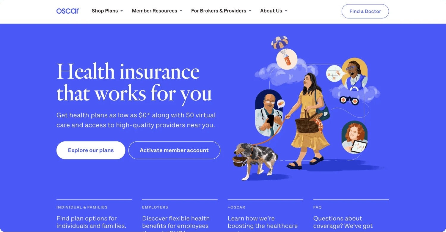 oscar homepage A vibrant webpage promoting Oscar Health insurance with illustrations of diverse people and a dog.