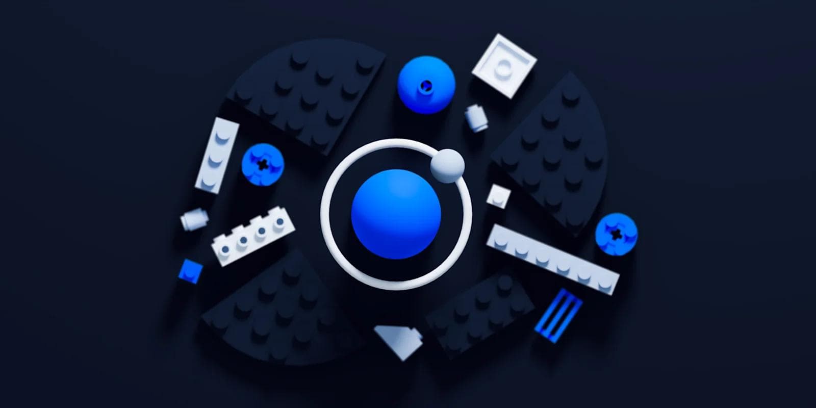 A blue sphere surrounded by various blue and black geometric shapes against a dark background.