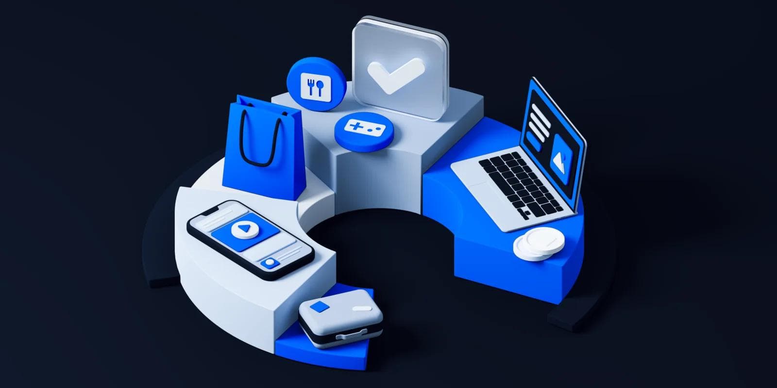 Colorful 3D icons representing shopping, technology, and dining, arranged on a circular platform against a dark background.