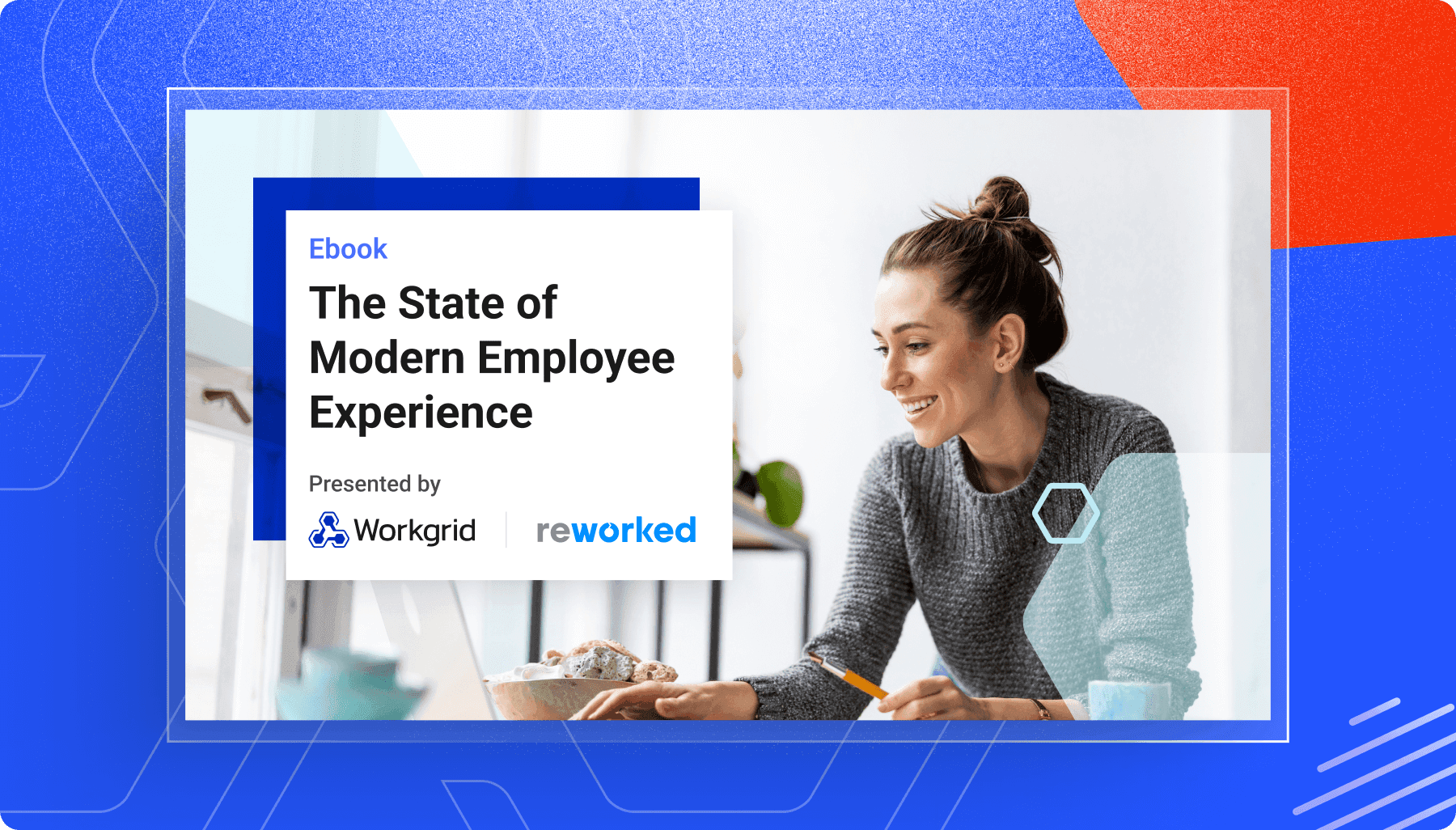A smiling woman reads an ebook titled "The State of Modern Employee Experience" at a desk with a laptop.