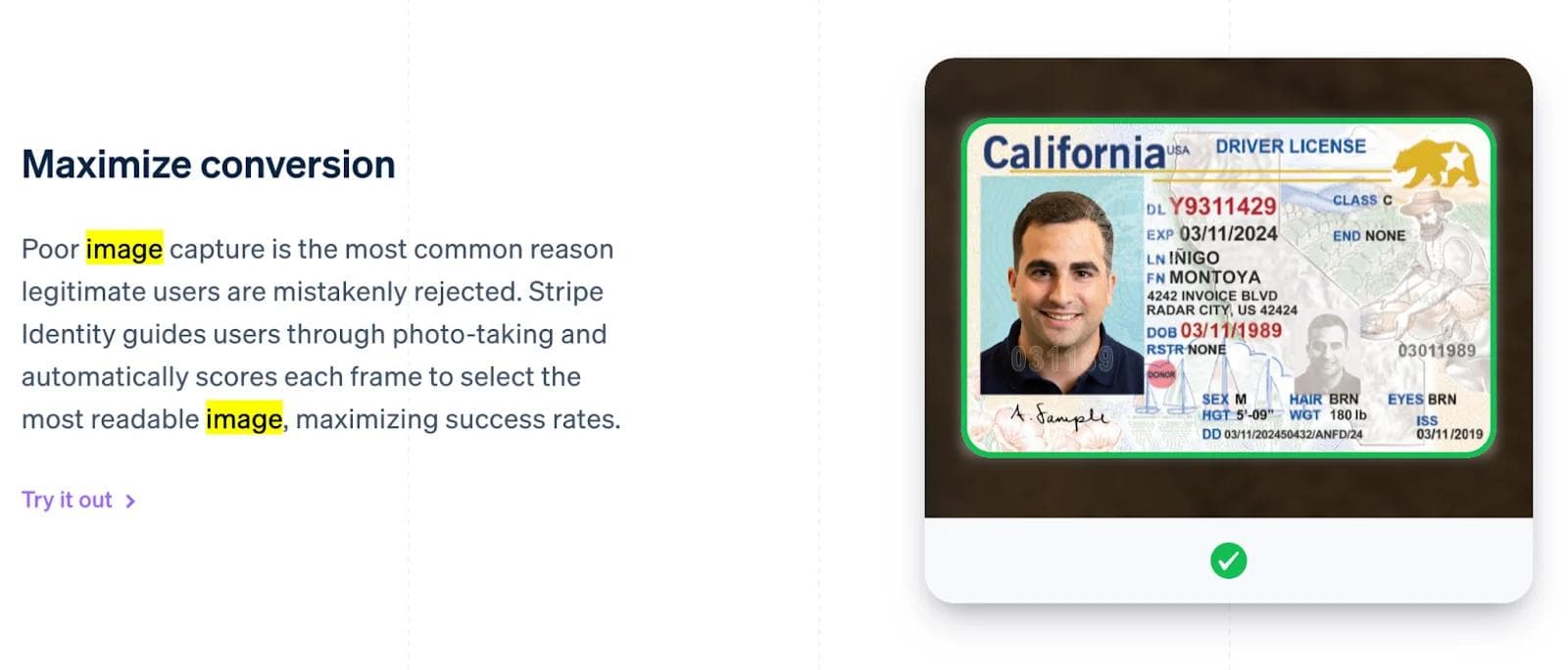 stripe-parallex Text explaining image capture issues with a California driver's license example displayed on a dark background.