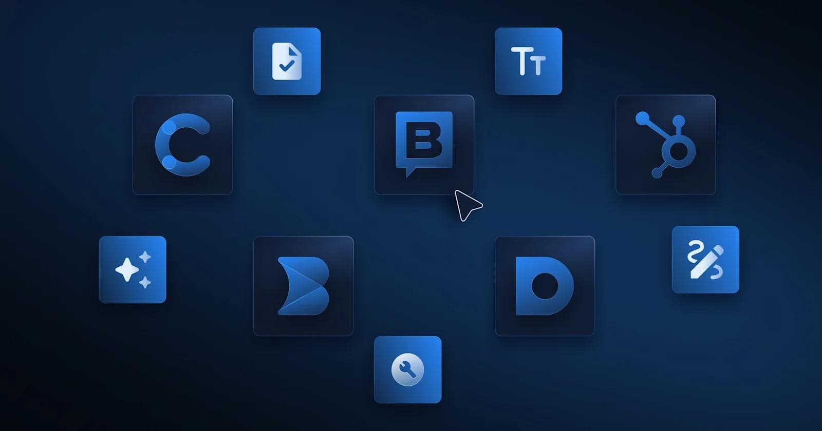 A grid of blue icons on a dark background, representing various software tools and applications.