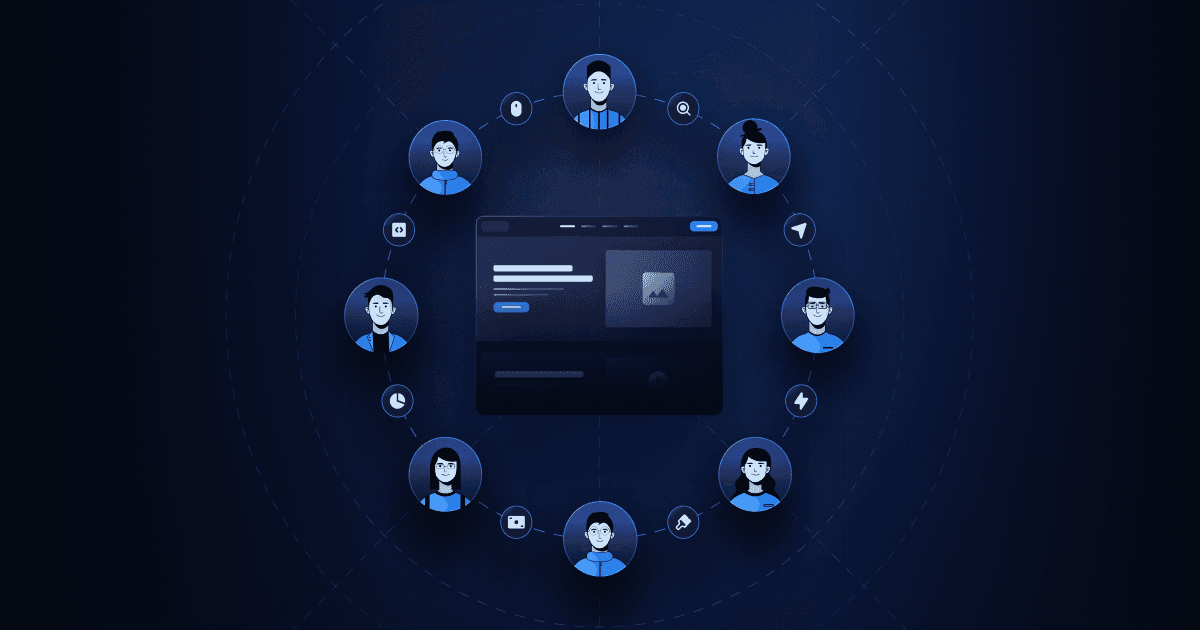 A central user interface with diverse user icons around it, symbolizing connectivity and communication.