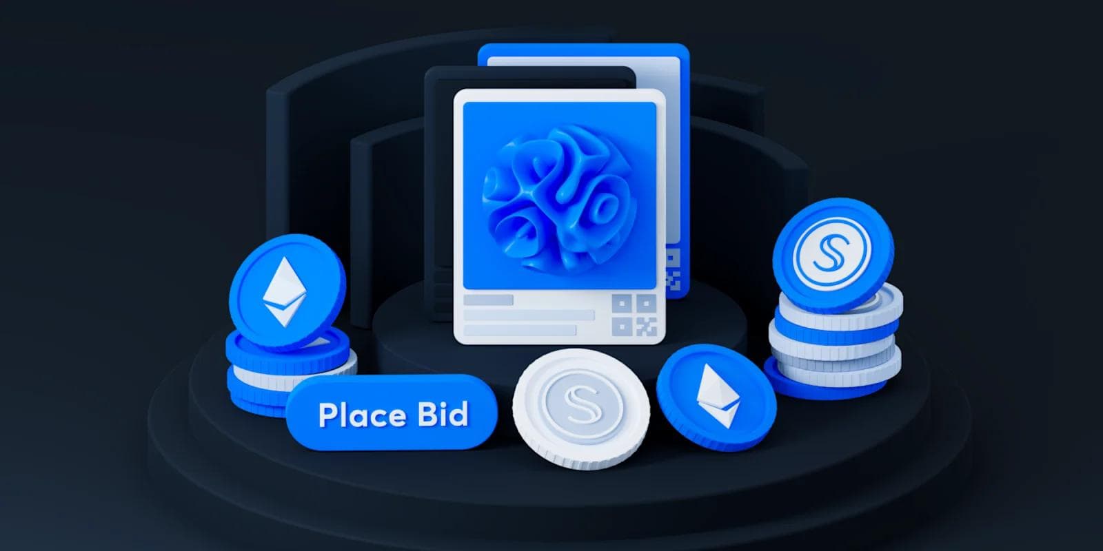 A 3D render displaying a non-fungible token (NFT) and the Ethereum and Secret Network logos resting on a platform.