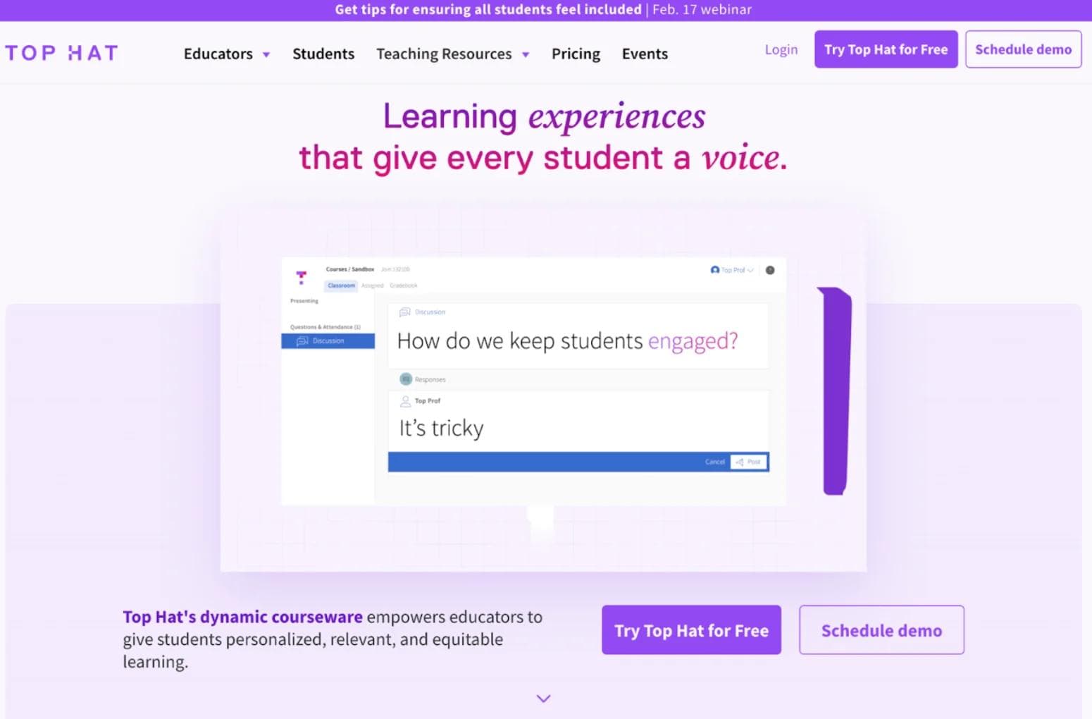Tophat homepage Top Hat interface showcasing a discussion prompt about student engagement.