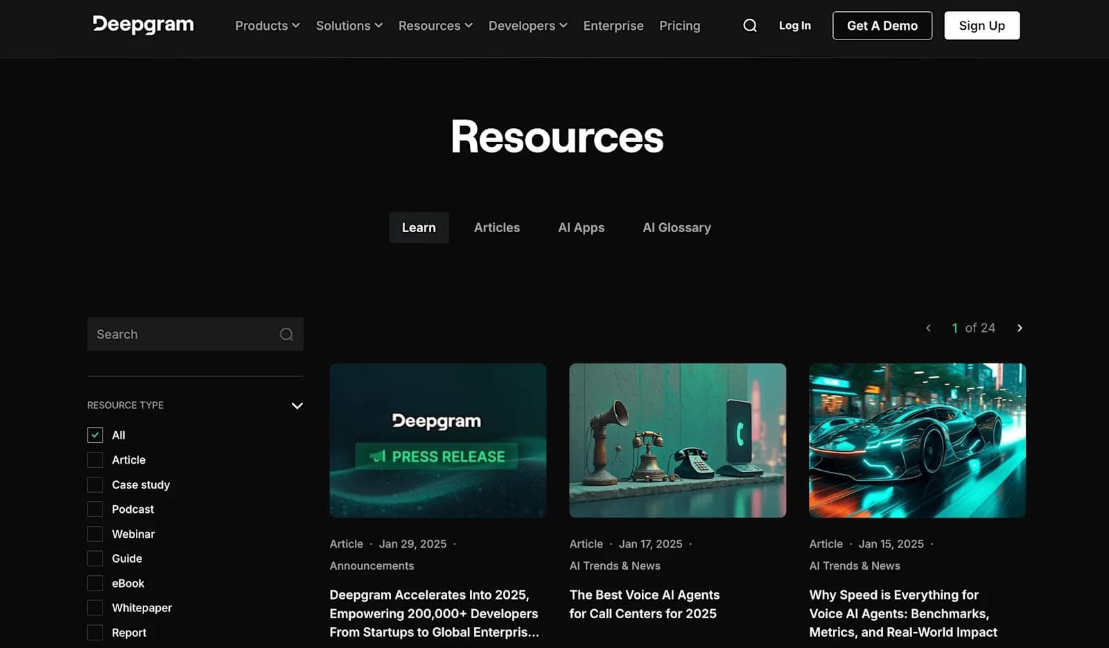 deepgram resources Deepgram's resources page featuring articles, press releases, and AI applications against a dark background.