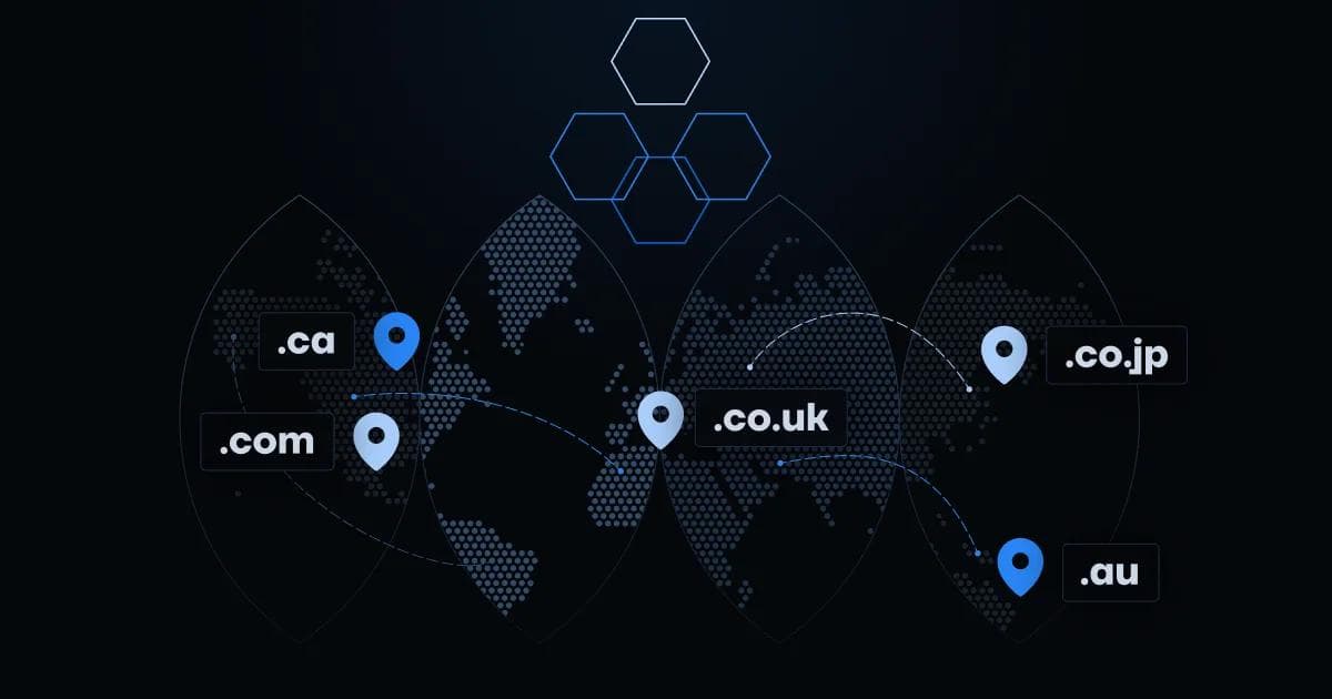 Illustration of a world map with location pins and domain names: .ca, .com, .co.uk, .co.jp, .au. Dark background.