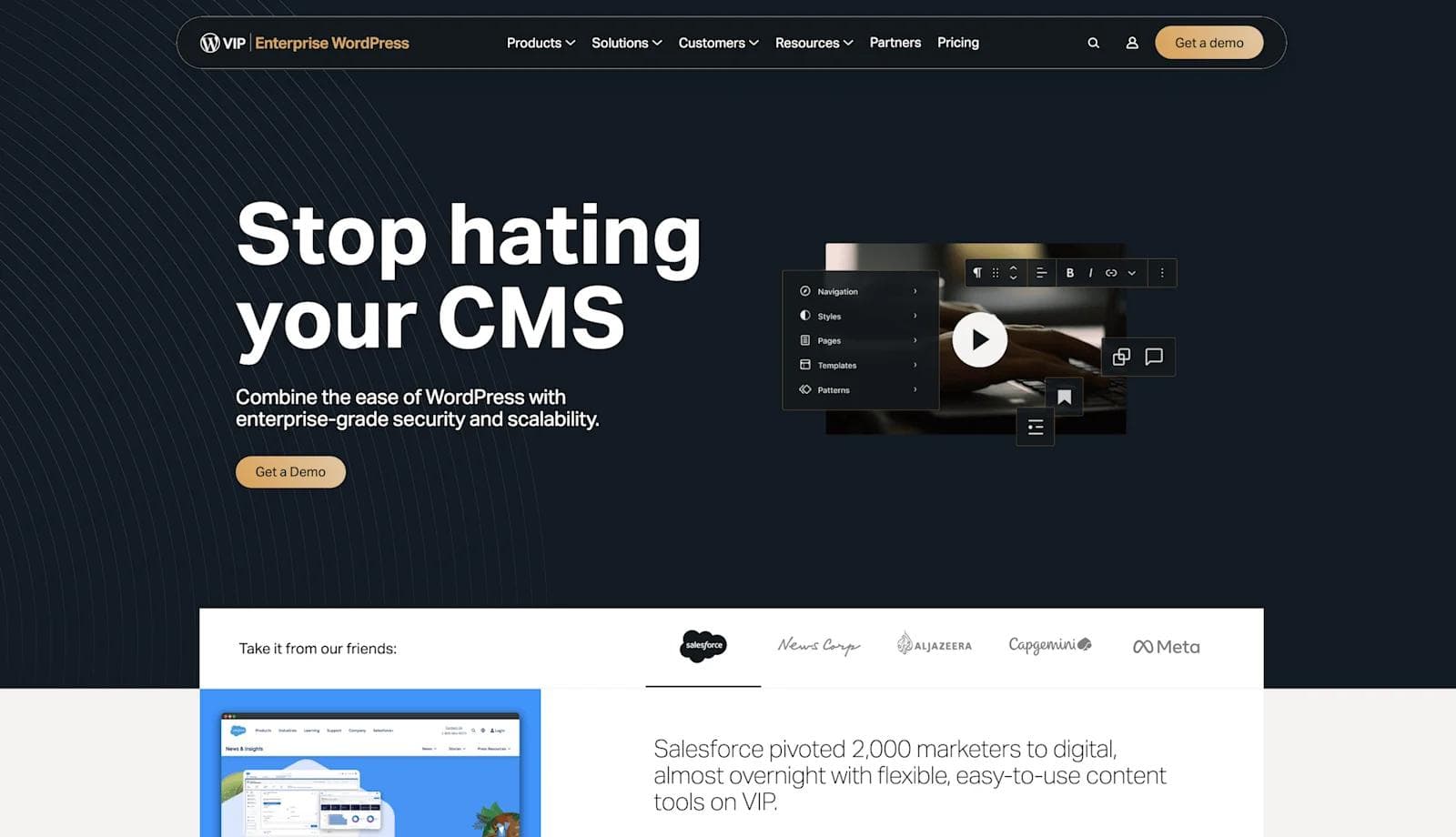 wordpress vip website WordPress VIP homepage showcasing features and benefits of their enterprise CMS solutions.