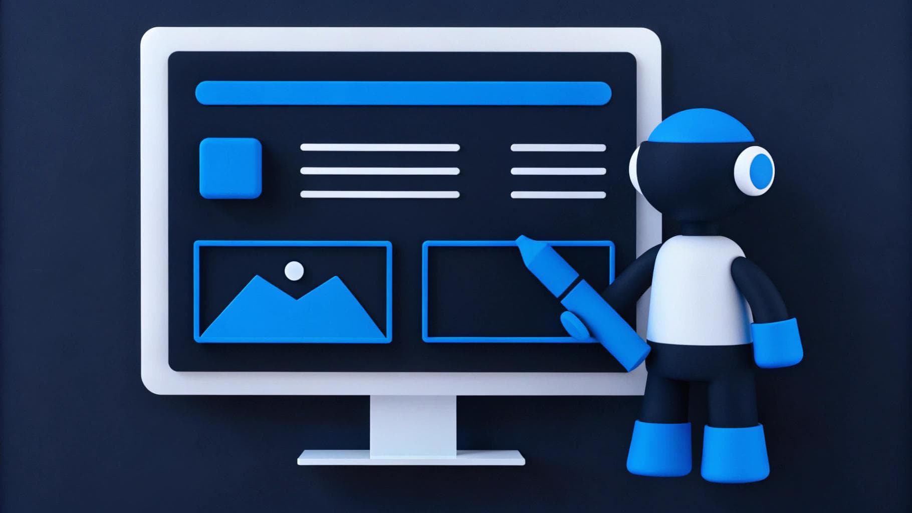 3D illustration of a robot designing a website on a computer screen